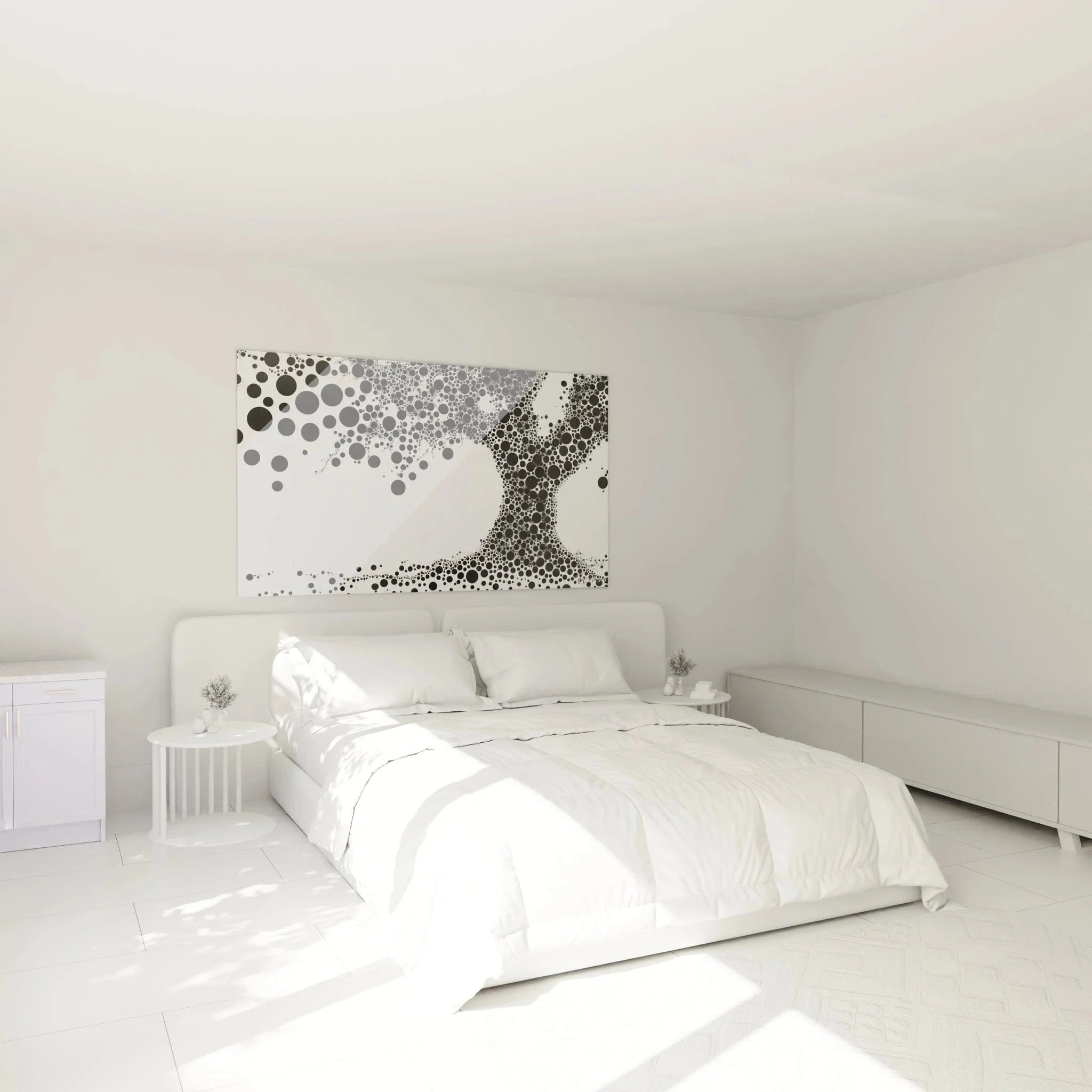 Schlafzimmer Wanddekoration mit abstraktem Gesicht Punktkunst schwarz-weiß im Dalmatiner-Stil