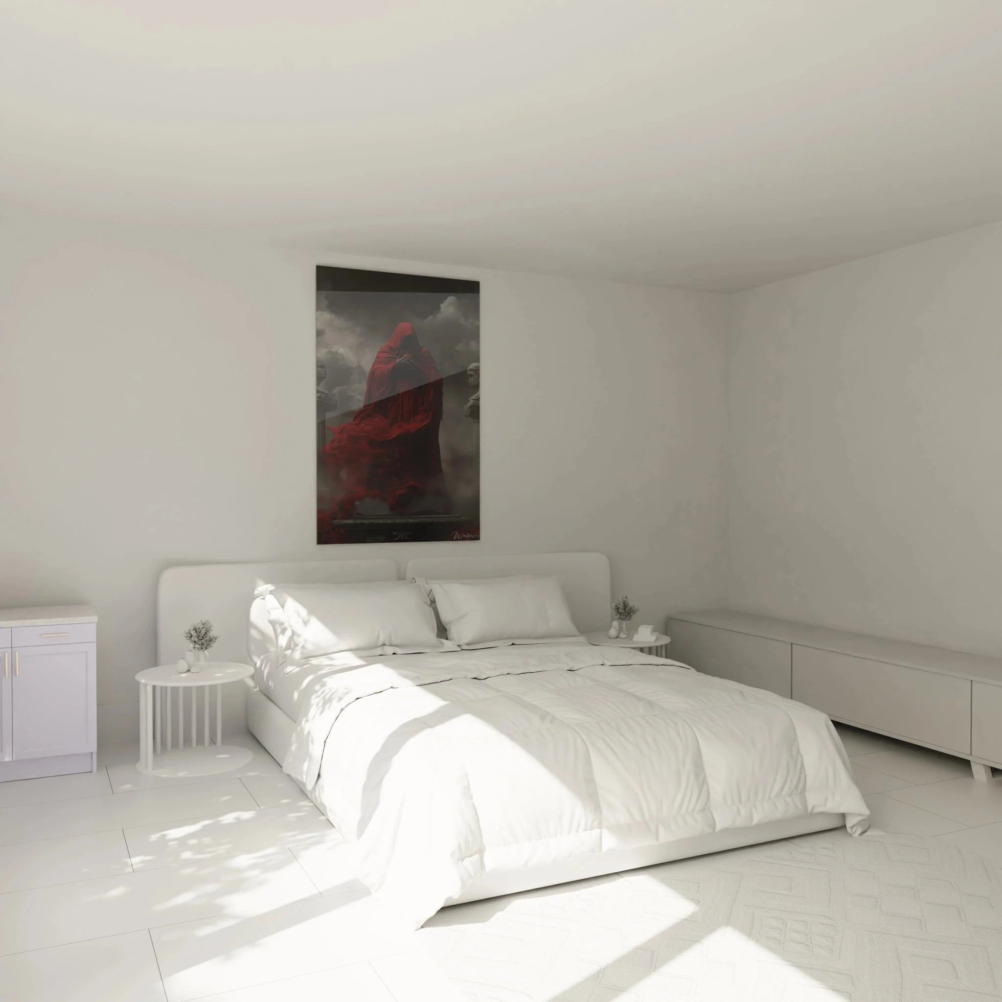 Schlafzimmer Dekoration mit mysteriösem Wandbild verhüllte rote Gestalt - moderne Wandkunst