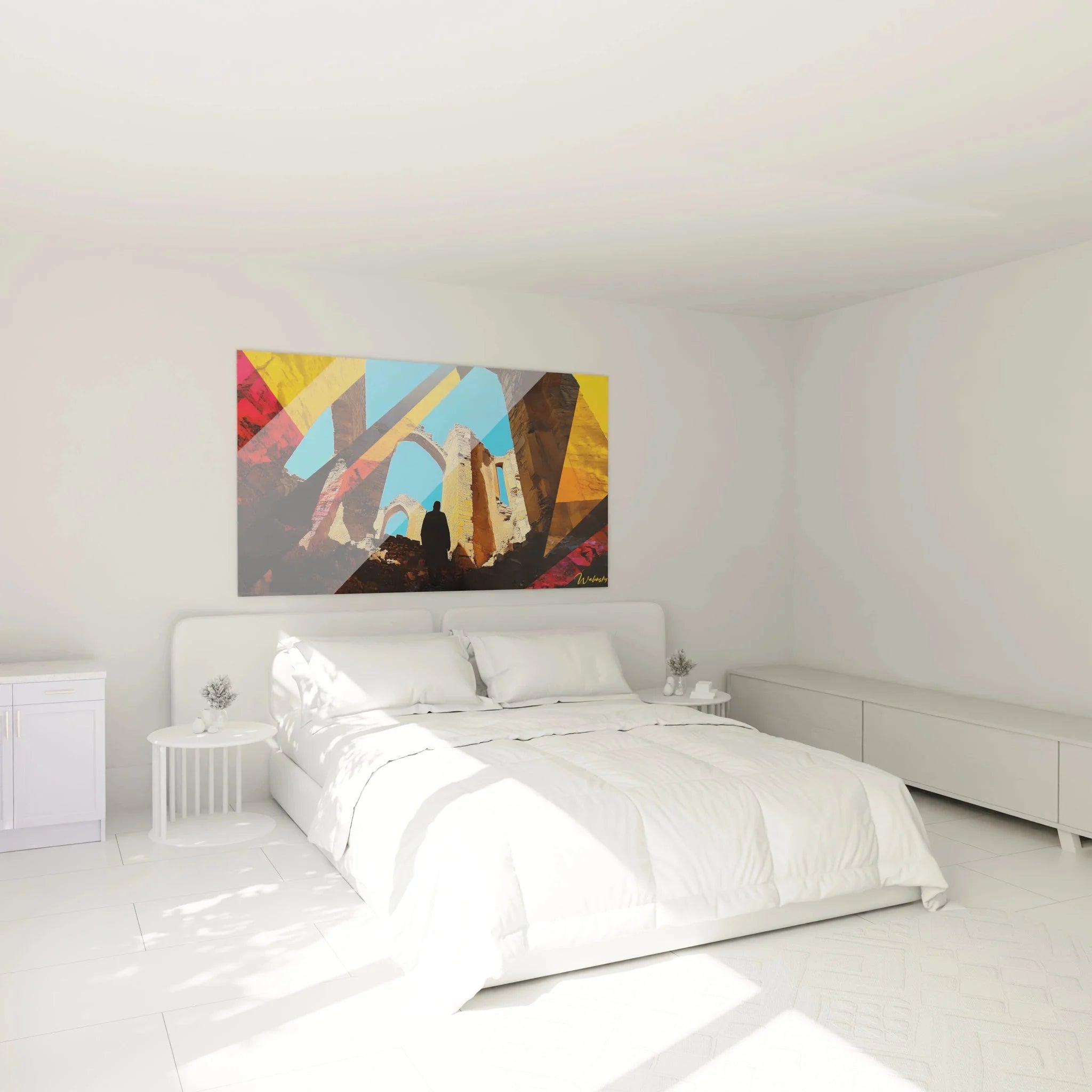 Schlafzimmer Wandbild Ruinenromantik mit warmen Farbtönen und geometrischen Elementen, romantische Kunst