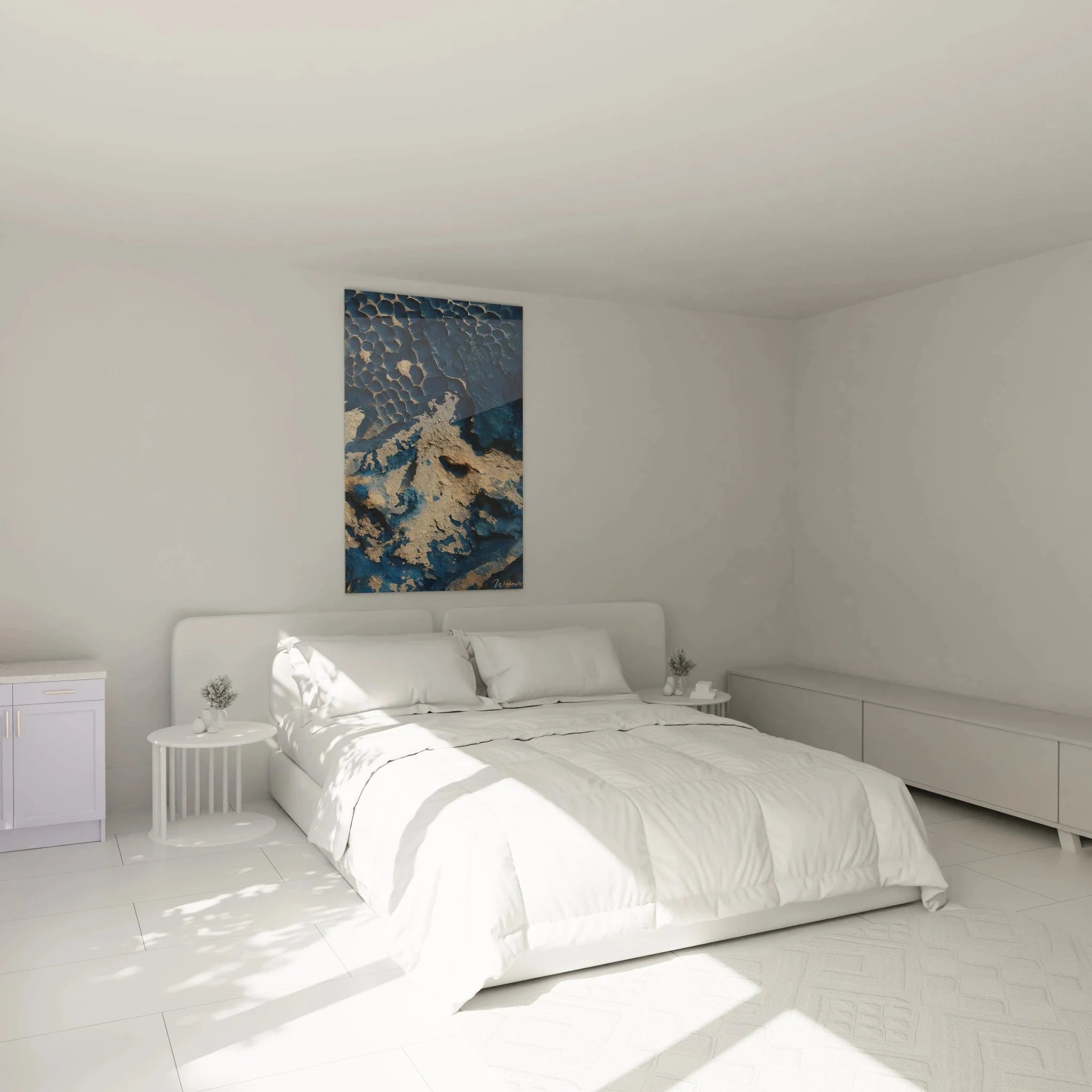 Modernes Schlafzimmer mit Wandbild Salzlandschaft Luftaufnahme in beruhigenden Blau- und Beigetönen