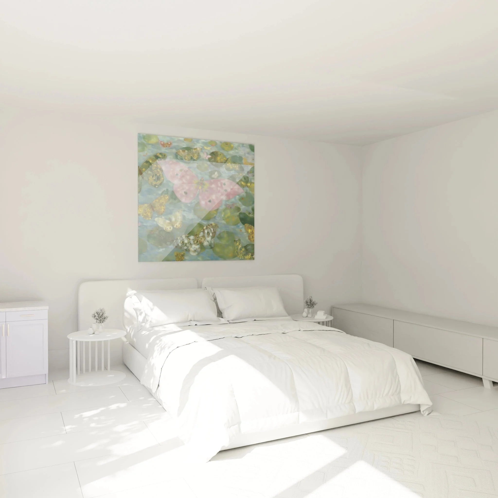 Schlafzimmer Dekoration mit symbolistischem Schmetterlinge Wandbild in beruhigenden Blau-Rosa Tönen