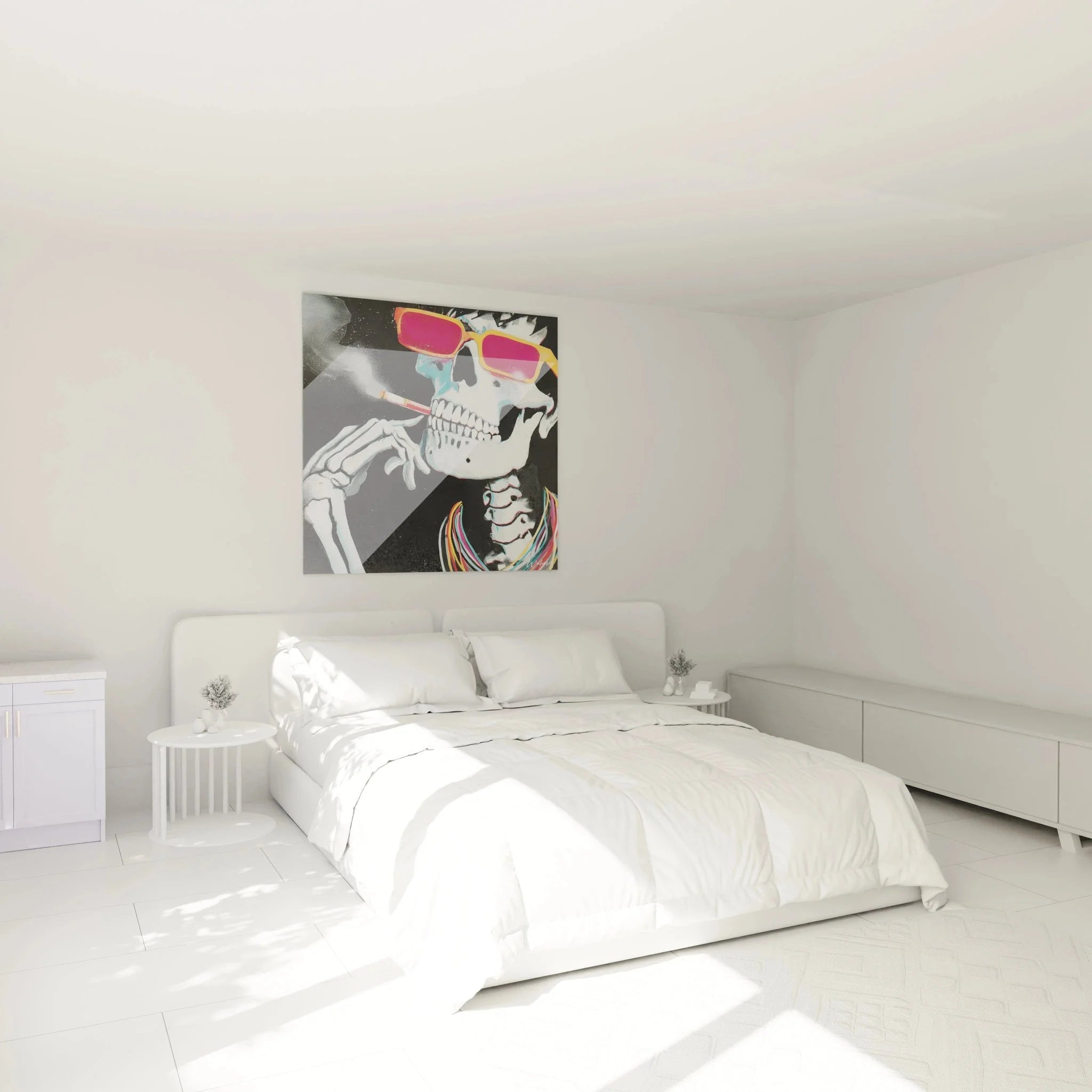 Modernes Schlafzimmer mit Wandbild Totenkopf Sonnenbrille als stilvolle Wanddekoration