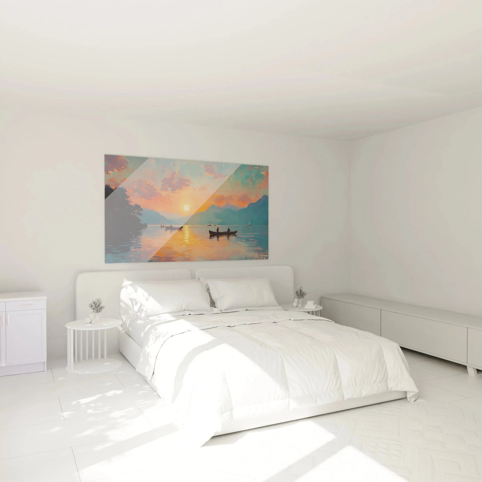 Schlafzimmer Dekoration mit Wandbild Sonnenuntergang See in warmen Orange und Blautönen