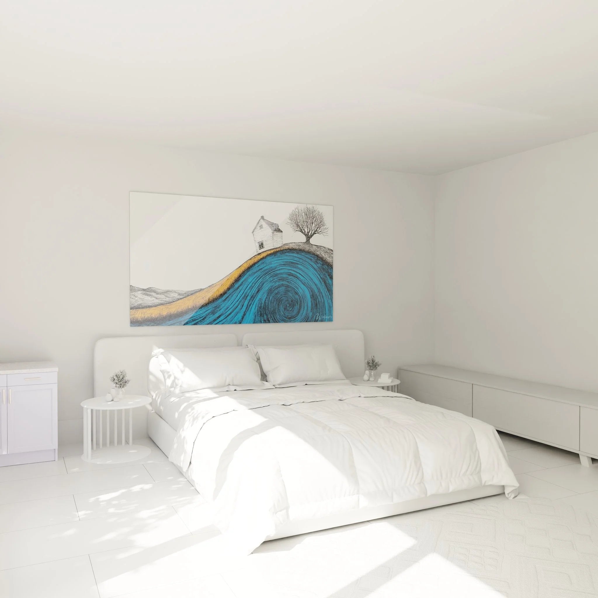 Schlafzimmer Wandbild Spirale - Blaue abstrakte Landschaft mit Haus im modernen Wohnraum