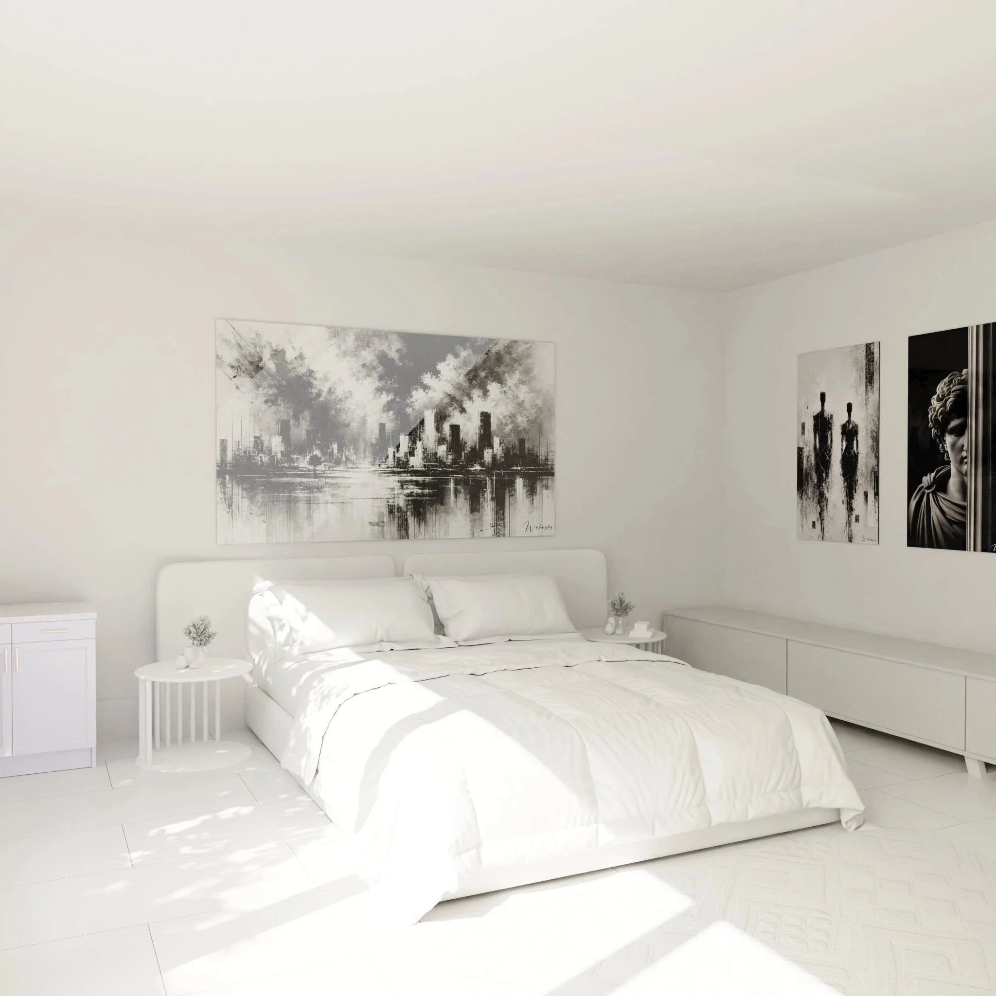 Schlafzimmer Dekoration mit abstraktem Stadtlandschaft Wandbild in schwarz-weiß