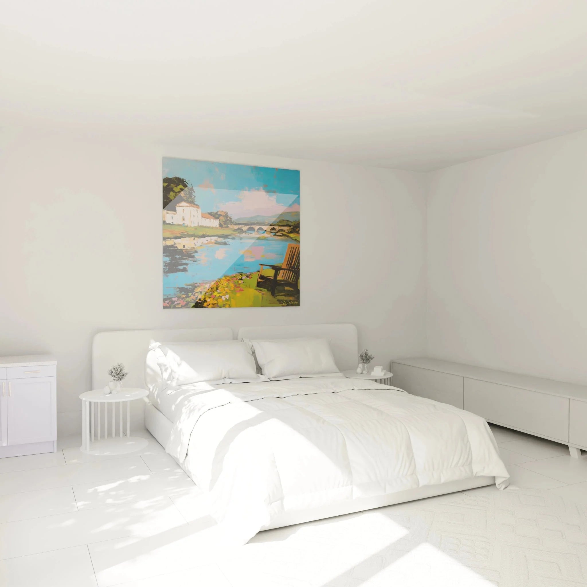 Wandbild Steinbrücke Impressionismus in modernem Schlafzimmer, idyllische Flusslandschaft als Wanddekoration