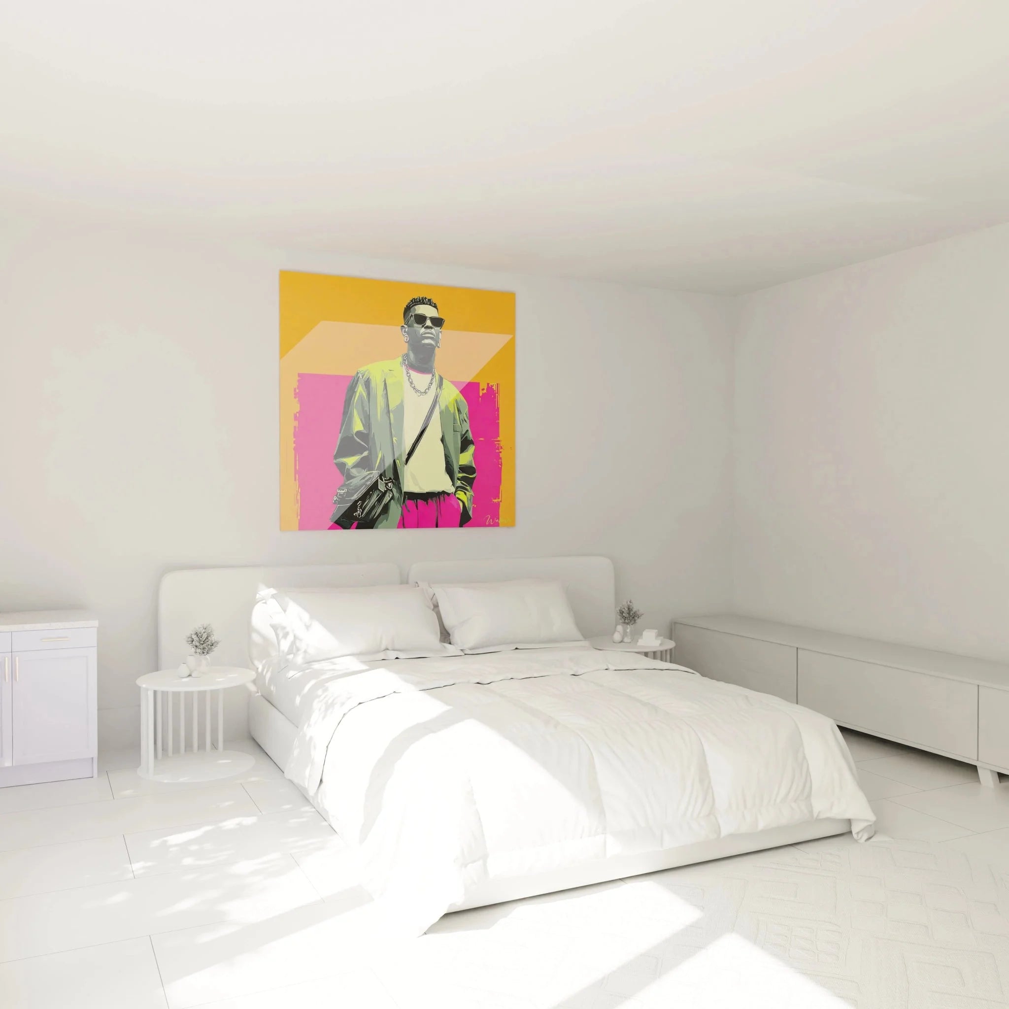 Modernes Schlafzimmer mit Wandbild stylischer Mann, Neon Pop Art Dekoration an der Wand über dem Bett