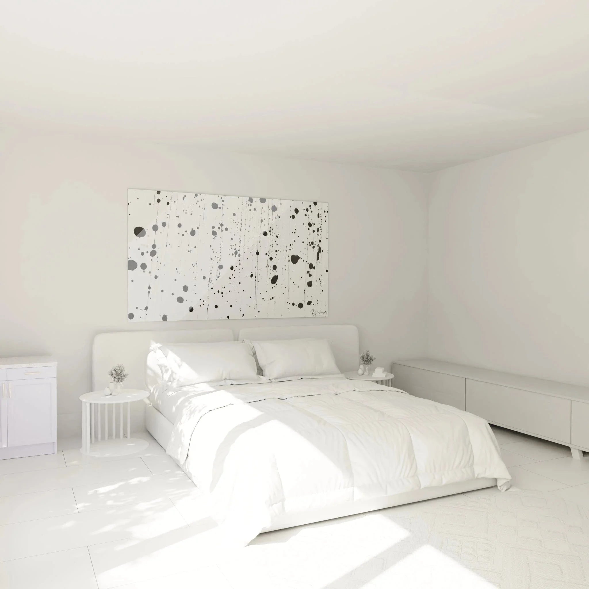 Schlafzimmer Wanddekoration mit abstraktem Tintenspritzer Wandbild in Schwarz-Weiß dalmatinischer Optik