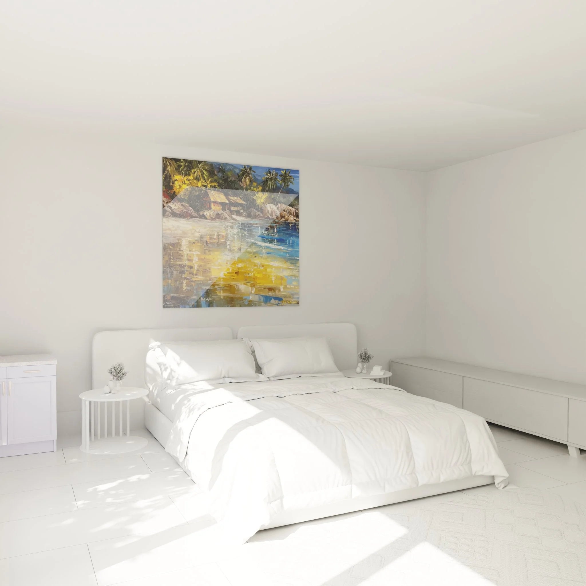 Schlafzimmer Dekoration mit tropischem Strandvilla Wandbild und Palmen Motiv