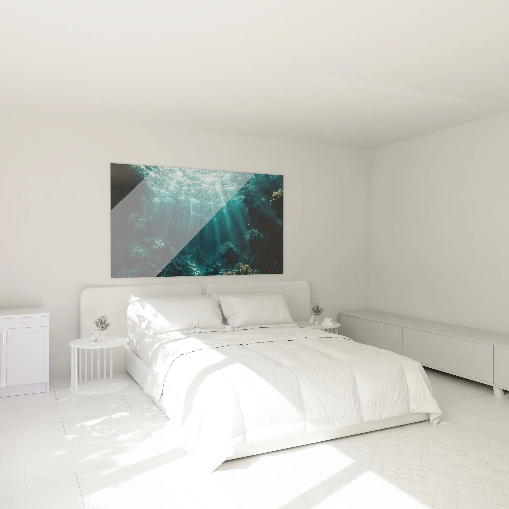Schlafzimmer Dekoration mit großem Wandbild Unterwasserwelt in beruhigenden Blautönen