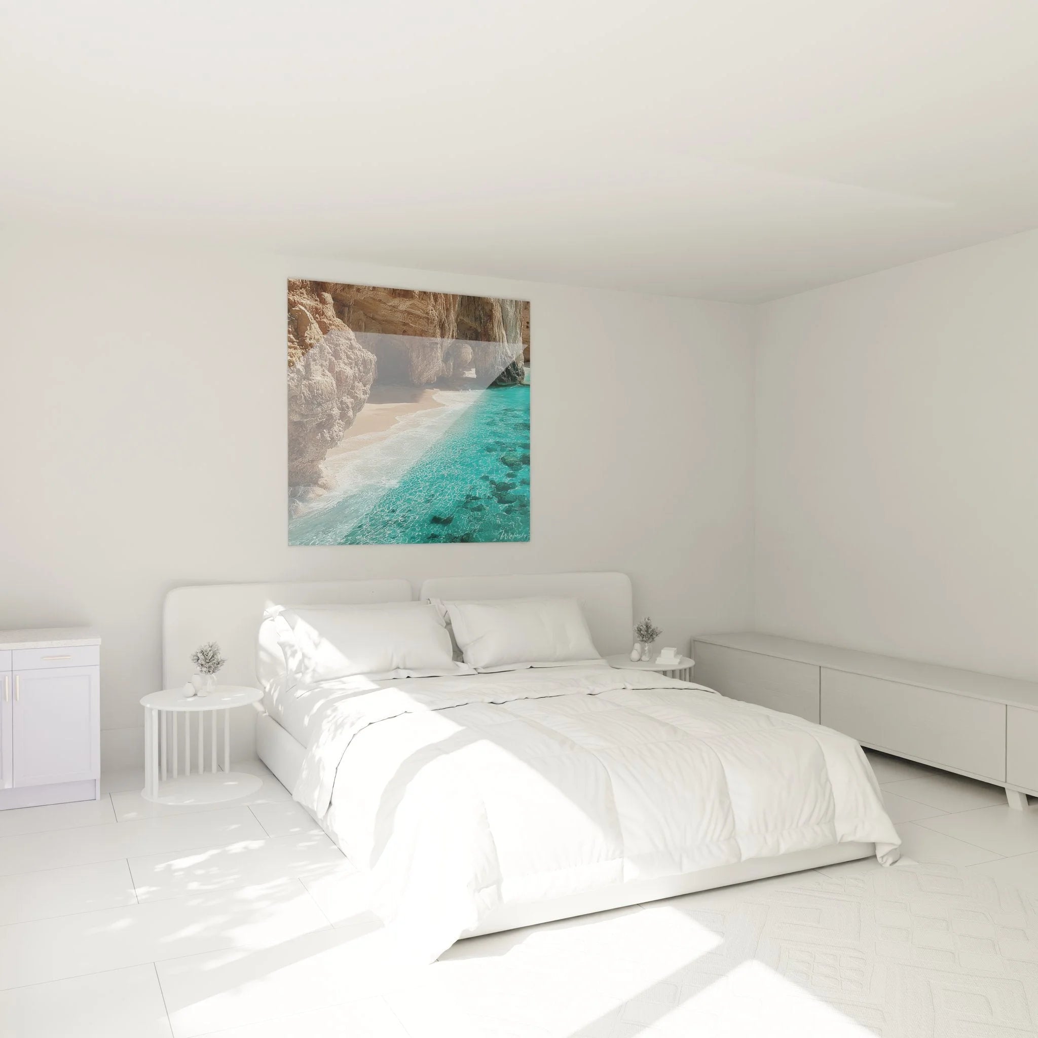 Schlafzimmer Dekoration mit Wandbild versteckte Bucht in türkisblau über dem Bett