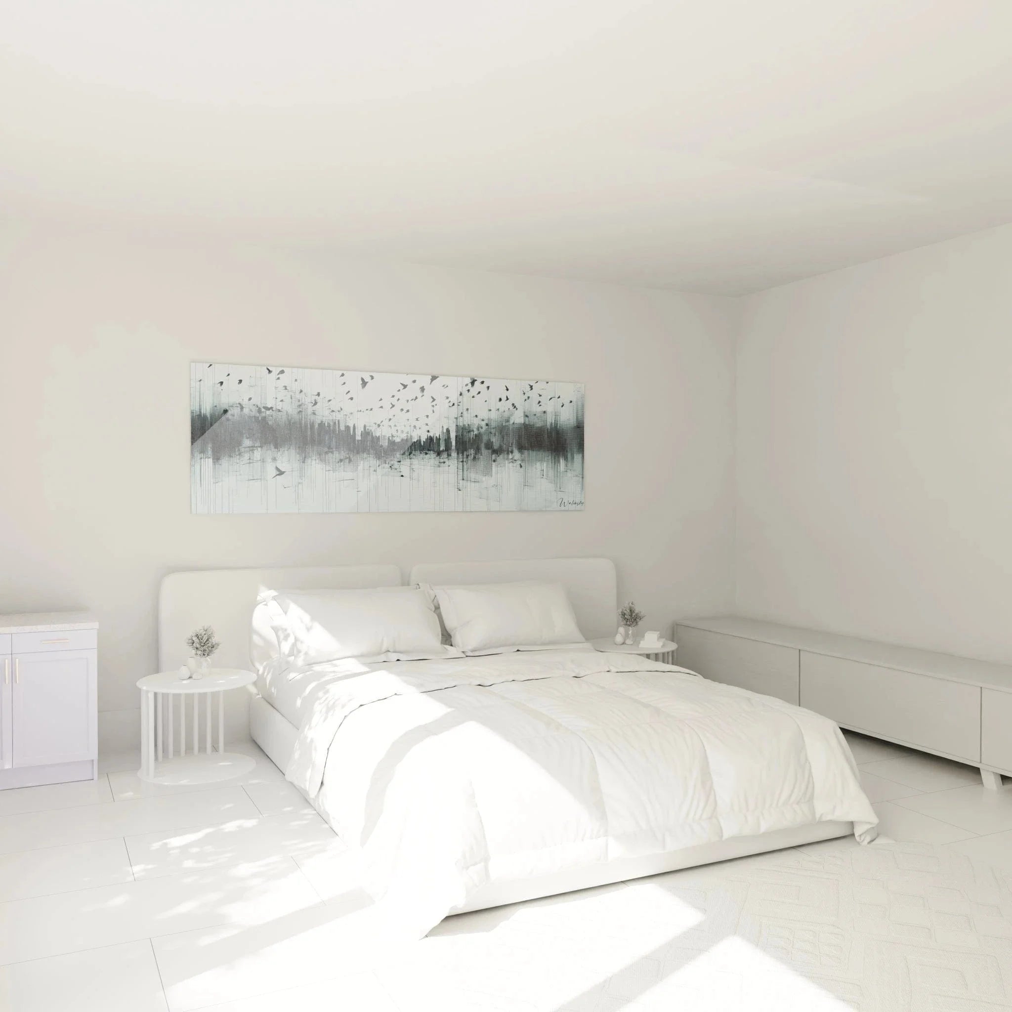 Expressionistische Wanddekoration Schlafzimmer - Vögel im Regen Kunstwerk grau-blau