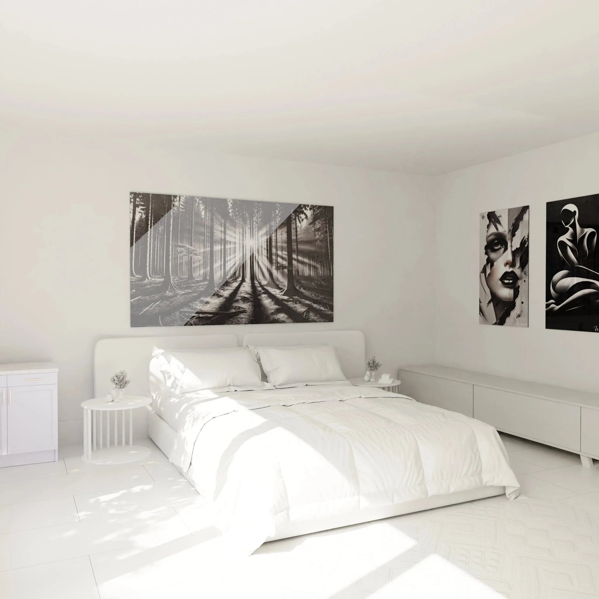 Schlafzimmer Dekoration mit Wandbild Wald Sonnenstrahlen schwarz-weiß - beruhigende Naturatmosphäre