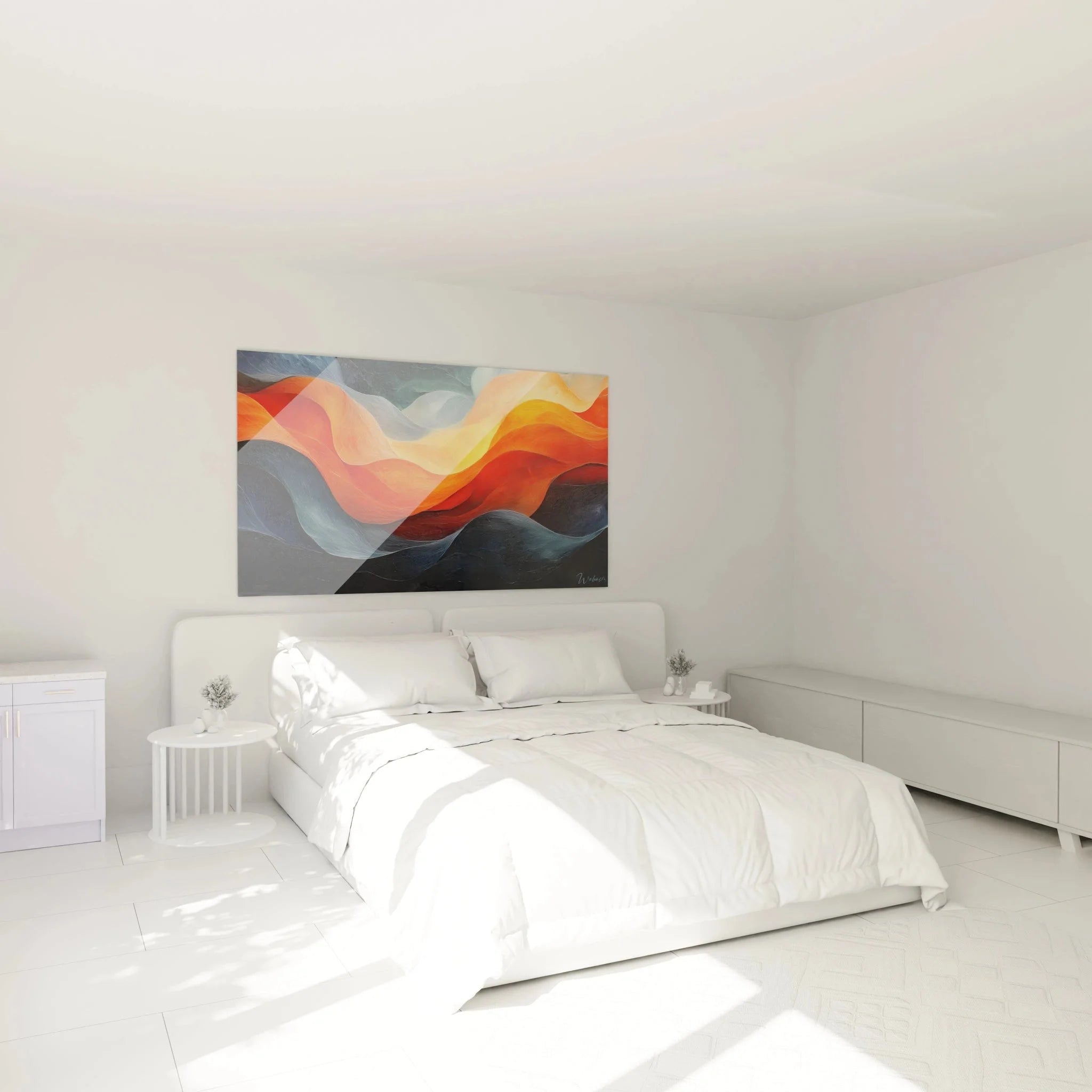 Schlafzimmer Dekoration mit abstraktem Afrika Wandbild in warmen Farbtönen über dem Bett