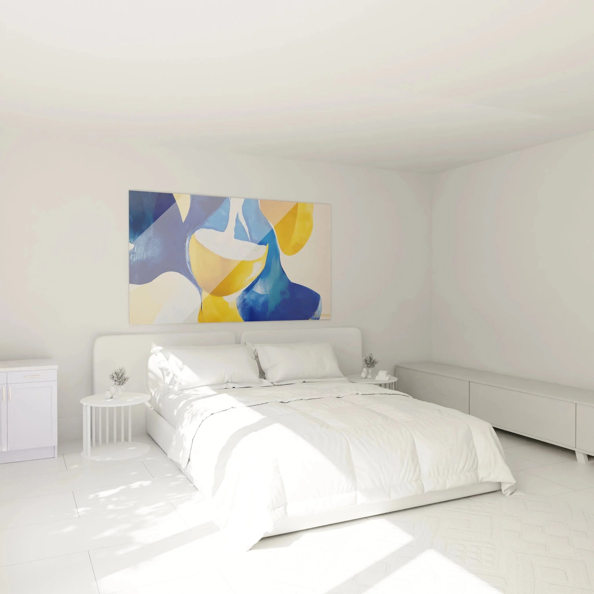 Schlafzimmer Wanddekoration mit abstraktem Wandbild in harmonischen Blau-Gelb-Tönen