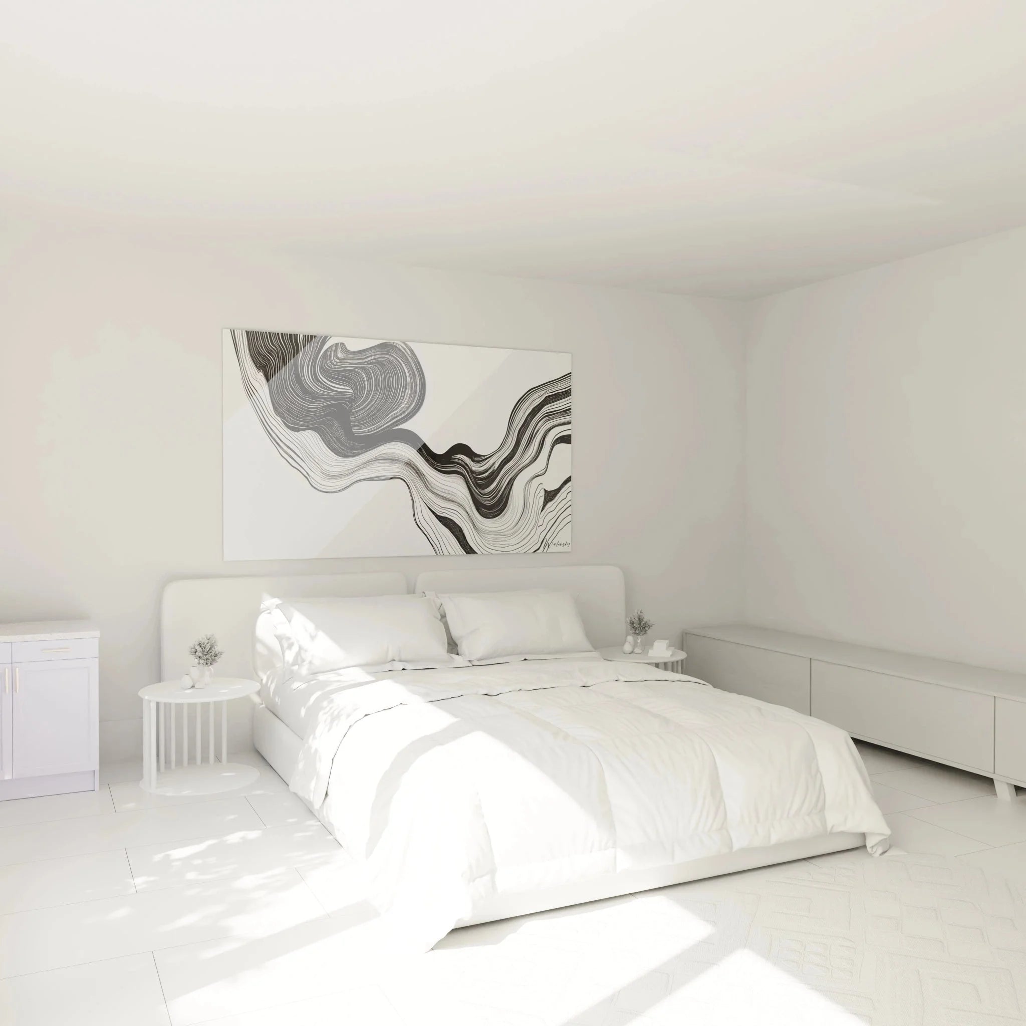 Schlafzimmer Wanddeko mit abstrakten schwarz-weißen Streifen über dem Bett