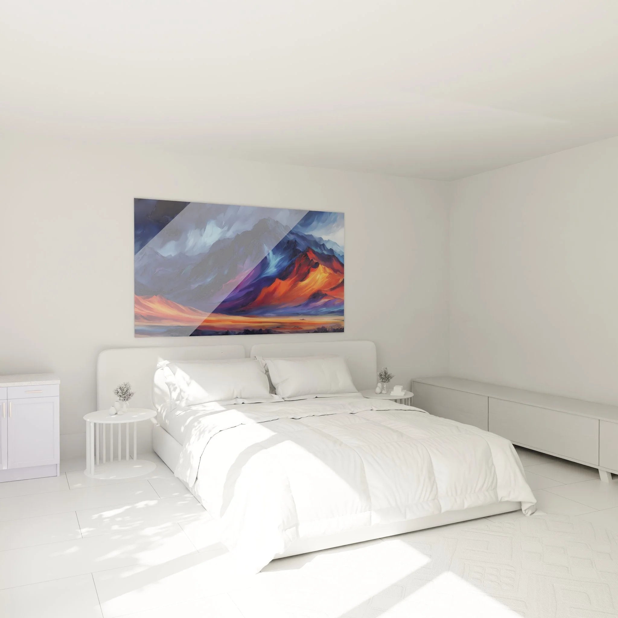 Schlafzimmer Wanddeko mit Berglandschaft Wandbild in warmen Farbtönen - gemütliche Atmosphäre