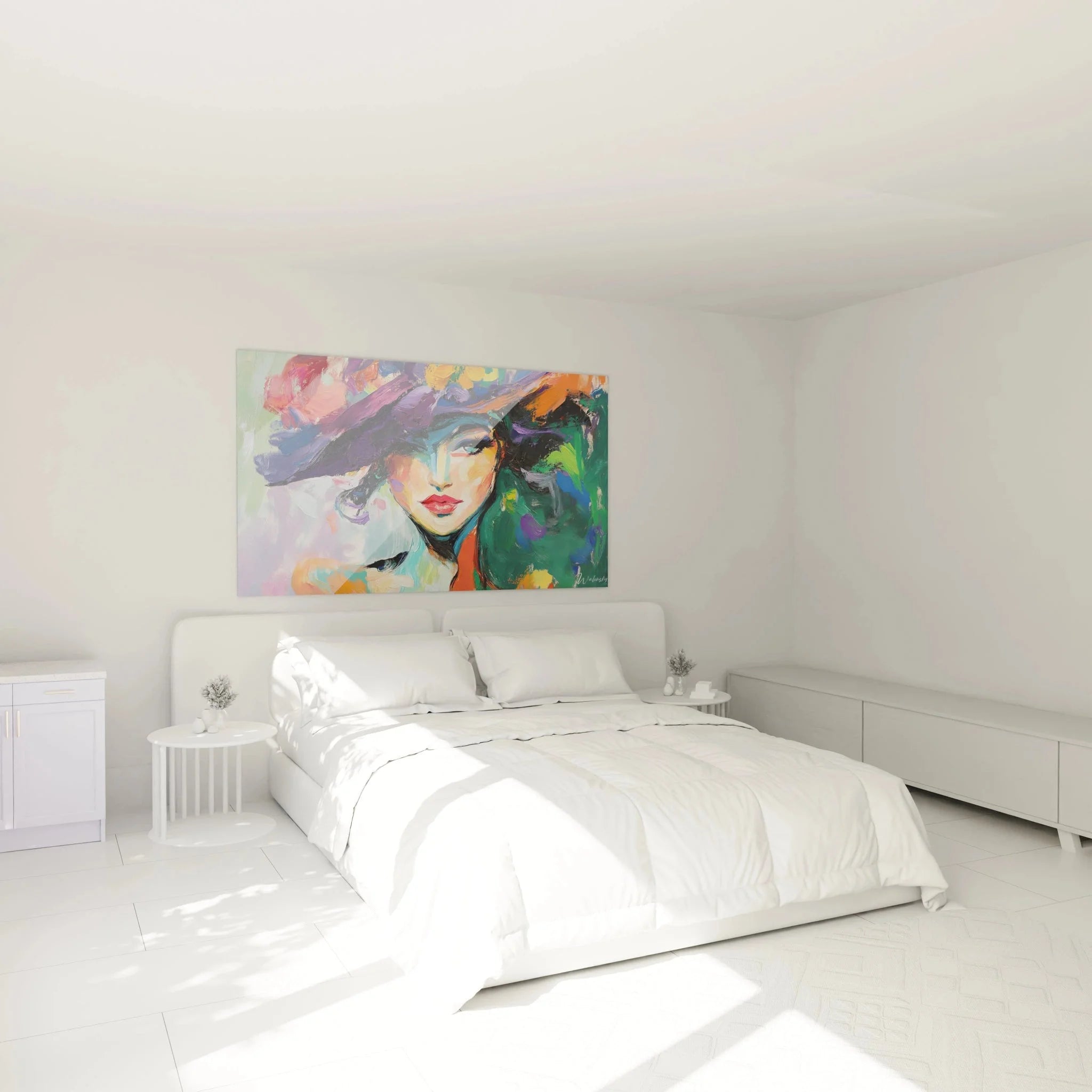 Schlafzimmer Wanddekoration mit farbenfrohem Frauenporträt im Fauvismus-Stil als XXL Leinwandbild