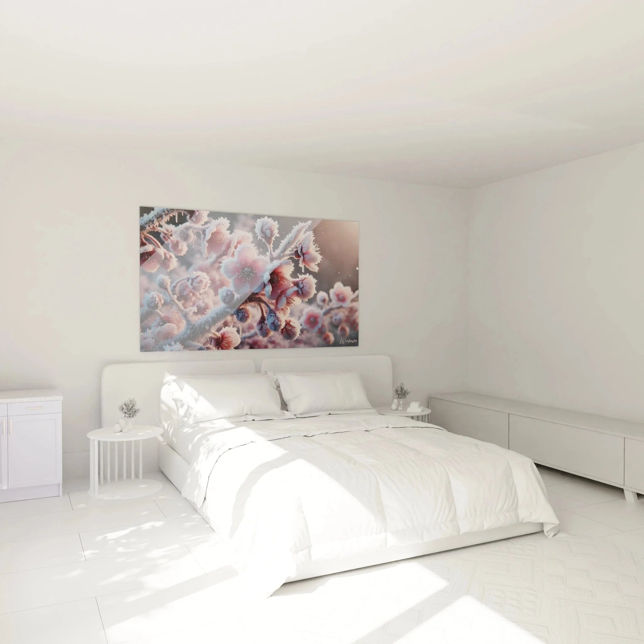 Schlafzimmer Wanddekoration mit Frostblüten Wandbild - winterliche Atmosphäre in sanften Farben