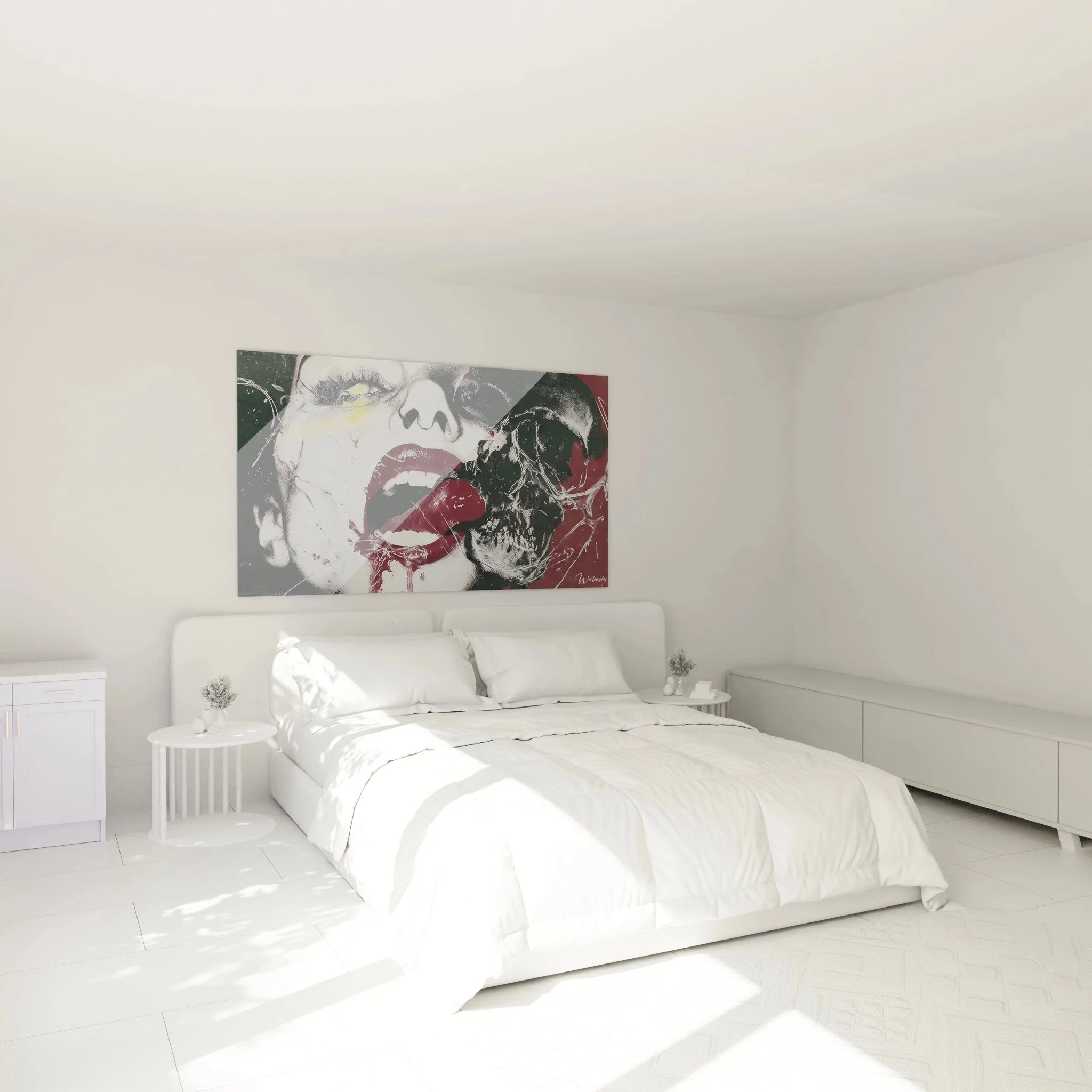 Schlafzimmer Wanddekoration mit Marilyn Monroe Vanitas Leinwandbild in grau-rot über dem Bett