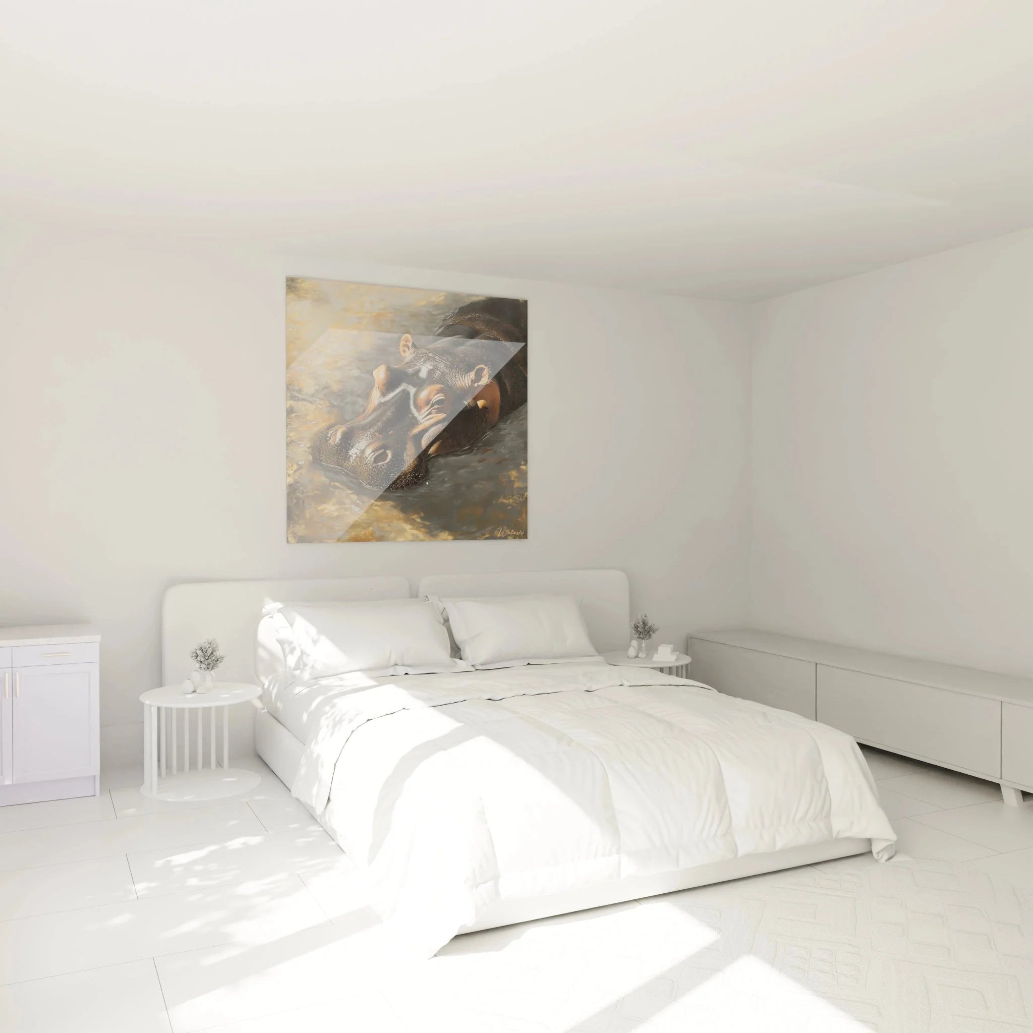 Schlafzimmer Wanddeko mit Nilpferd Kunstdruck - Gemütliche Raumatmosphäre mit Hippo Wandbild