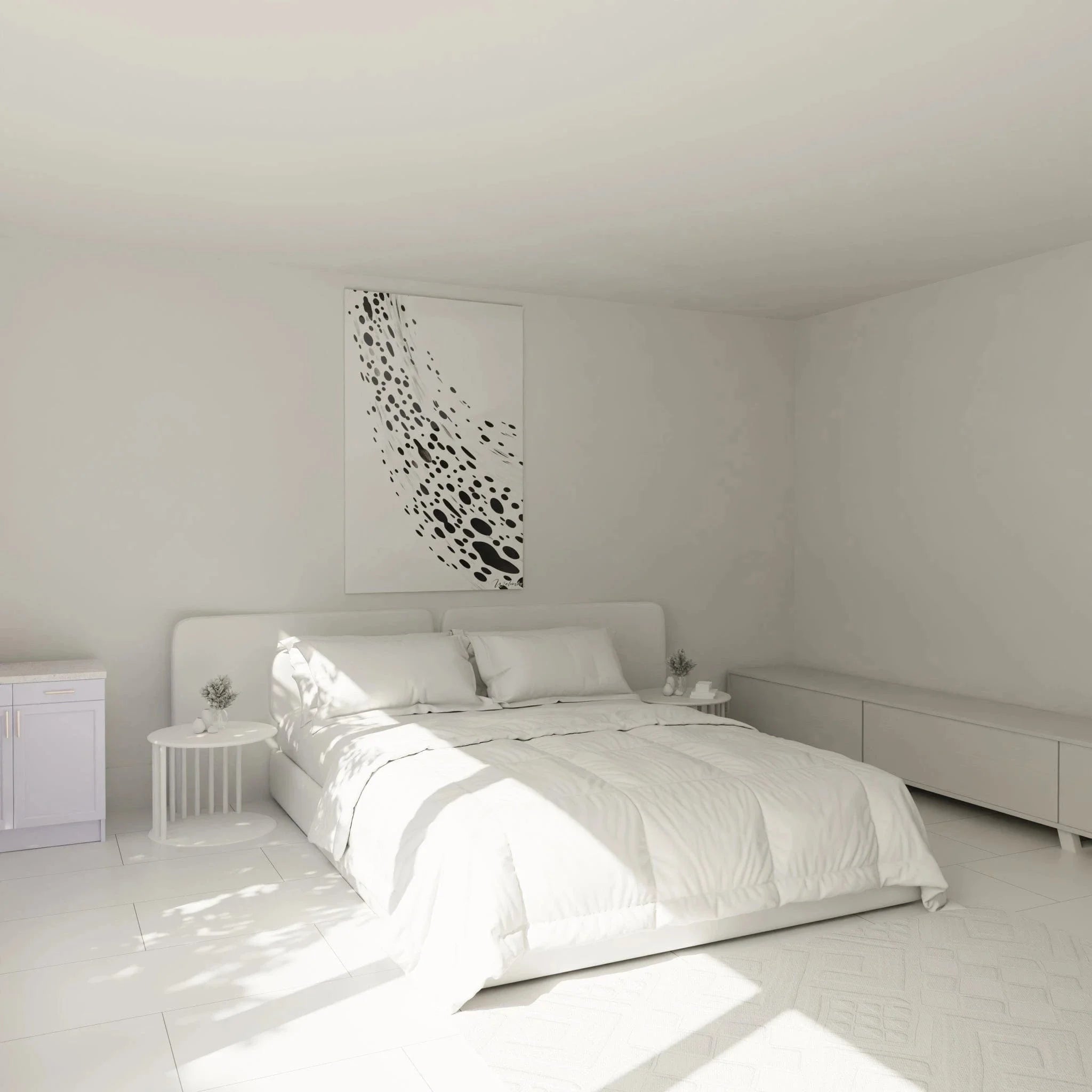 Schlafzimmer Wanddekoration mit abstrakten Punkten schwarz-weiß im skandinavischen Einrichtungsstil