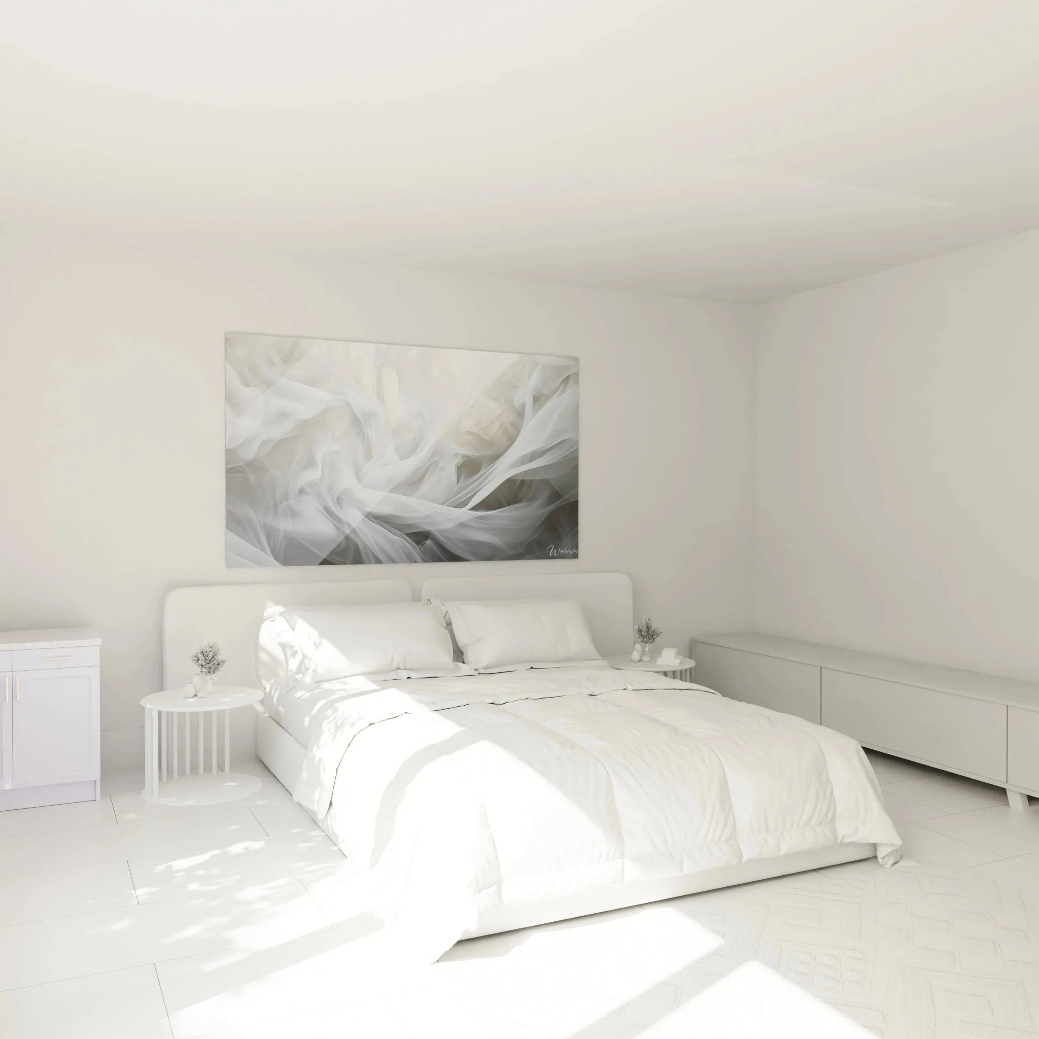 Schlafzimmer Wanddeko mit abstraktem Rauch Motiv in eleganter grau-weiß Farbgebung