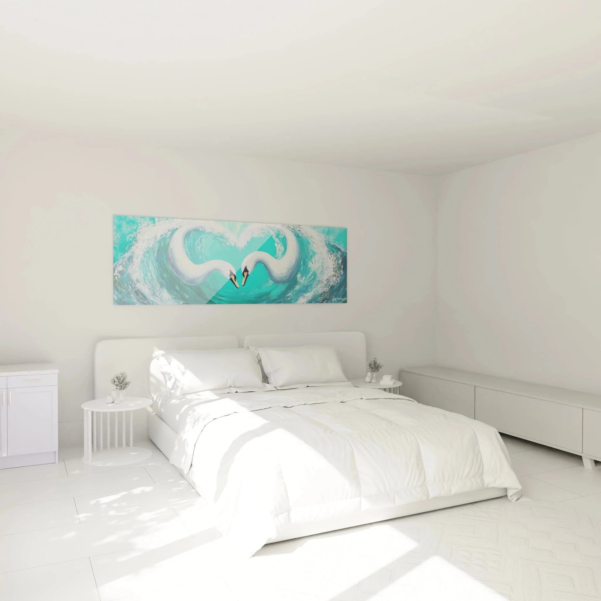 Schlafzimmer Wanddekoration Schwanenpaar türkis, romantisches Wandbild über dem Bett