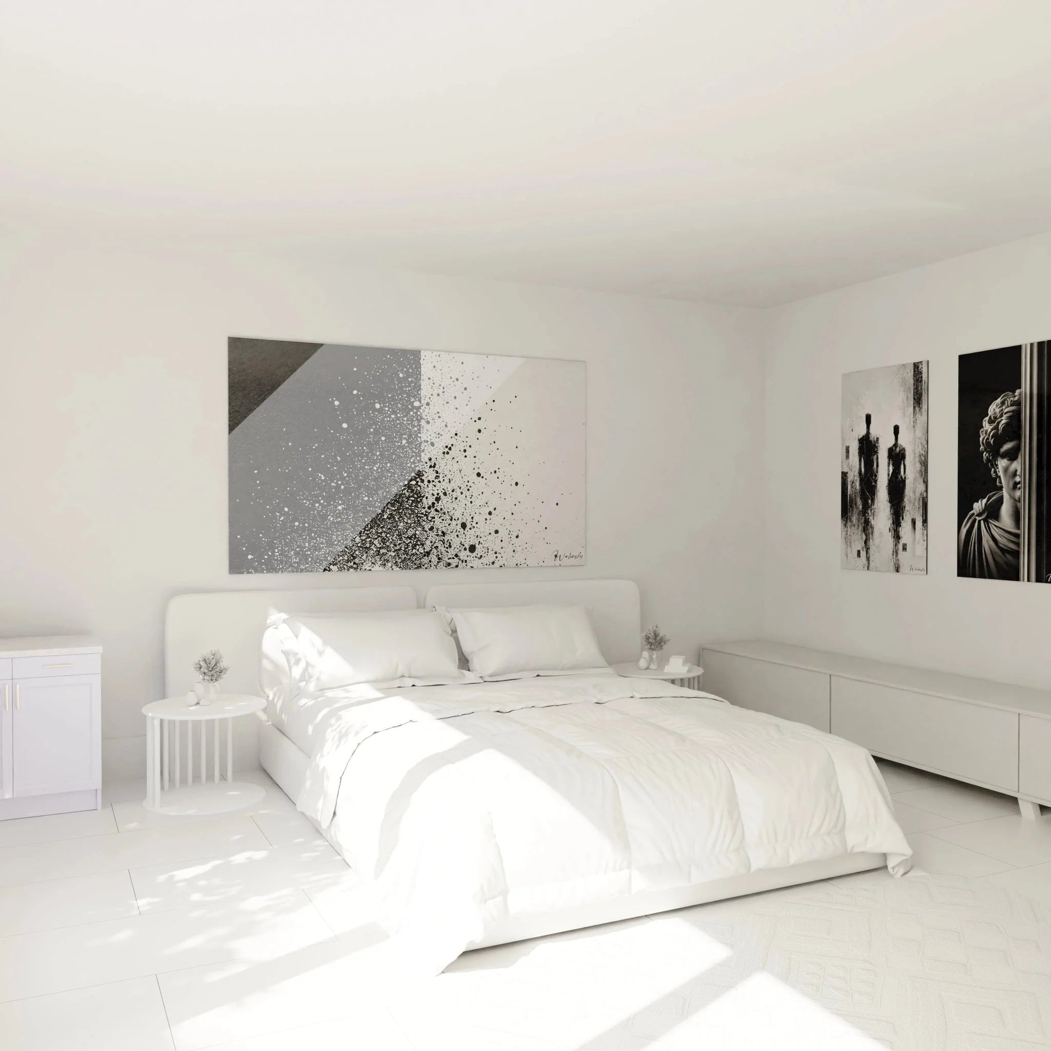 Schlafzimmer Wanddekoration mit abstraktem Splatter Wandbild in schwarz-weiß für moderne Einrichtung