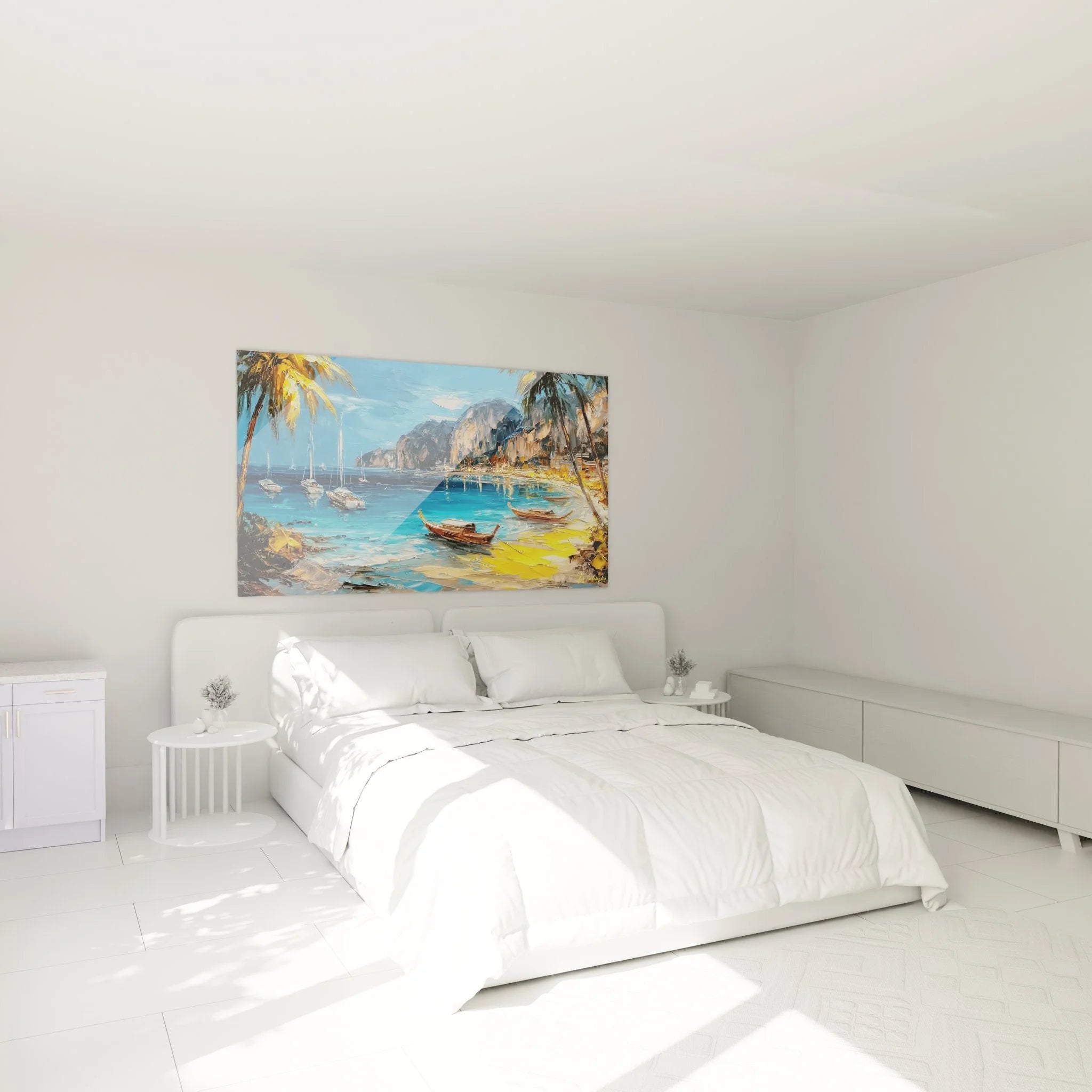 Schlafzimmer Wanddeko mit tropischem Strand Wandbild - Entspannende Karibik Atmosphäre für Zuhause