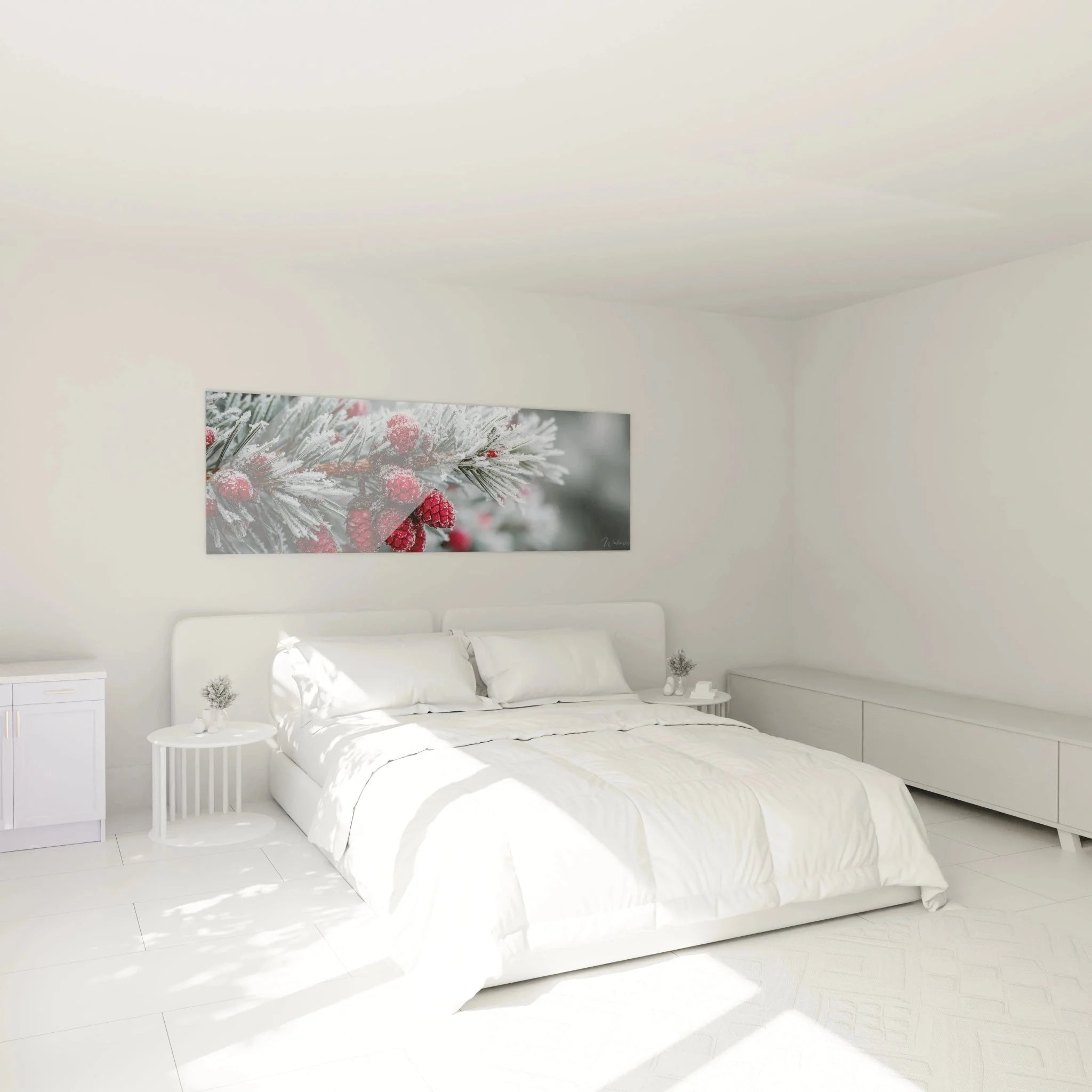 Schlafzimmer Wanddeko mit roten Tannenzapfen - gemütliche Weihnachtsatmosphäre im Winter