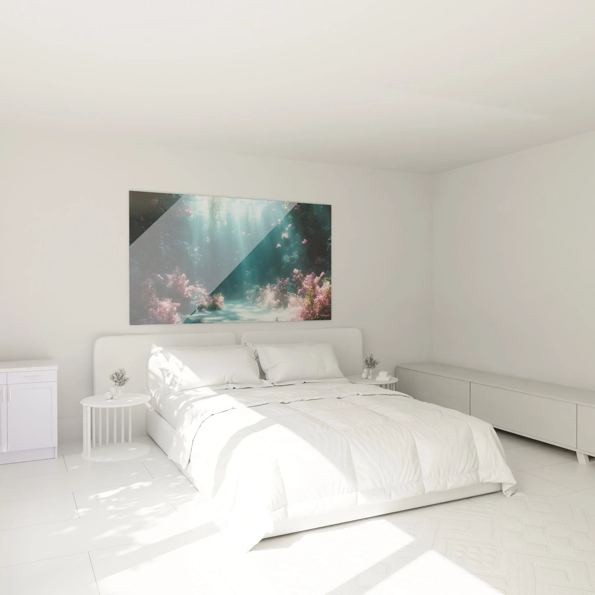 Schlafzimmer Wanddeko Unterwasser mit rosa Blüten und mystischem Licht über dem Bett