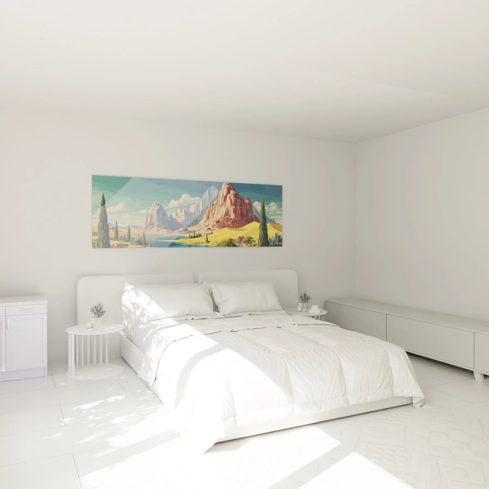 Schlafzimmer Dekoration mit großformatigem Wüstenlandschaft Wandbild über dem Bett, warme Erdtöne