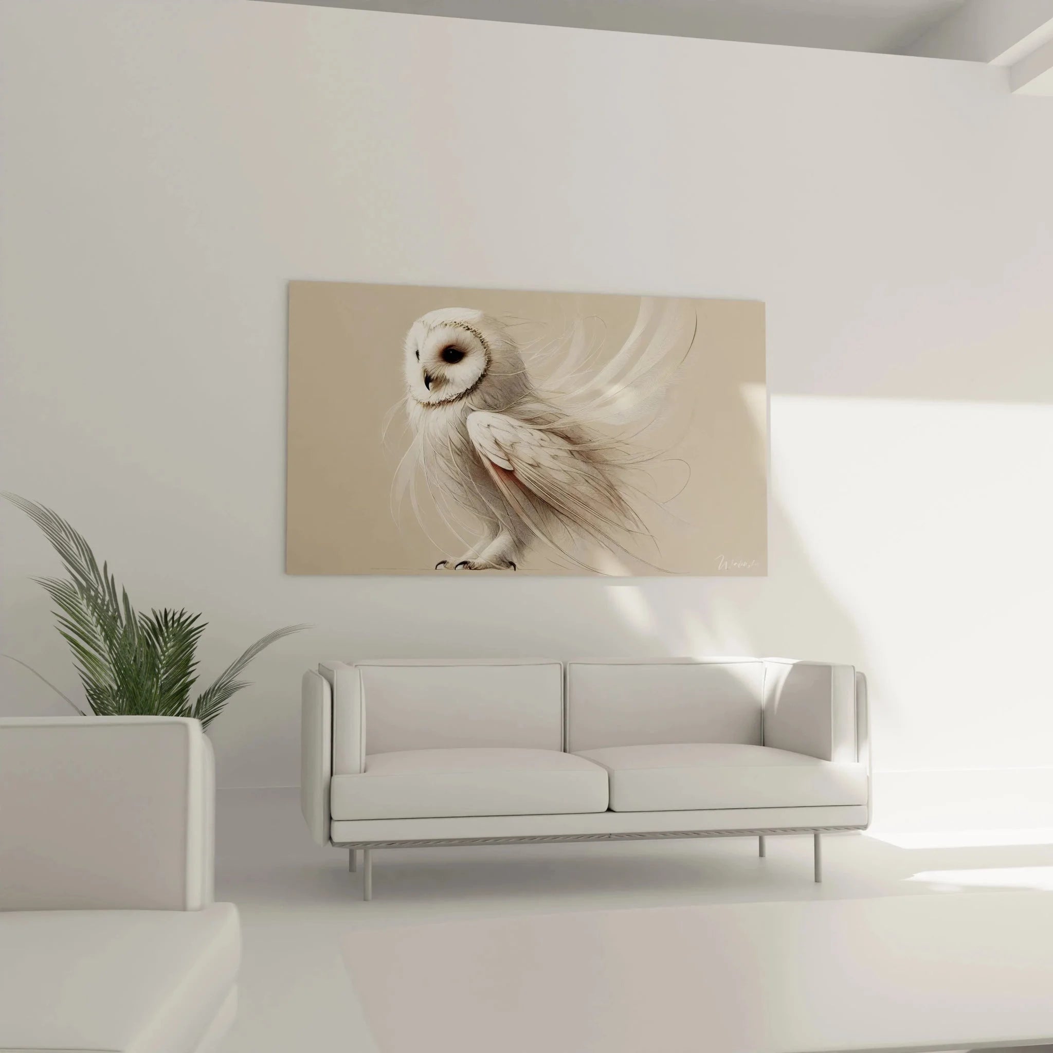 Detailansicht Schleiereule Wandbild - kunstvolle Federstrukturen und ausdrucksstarke Eulenaugen