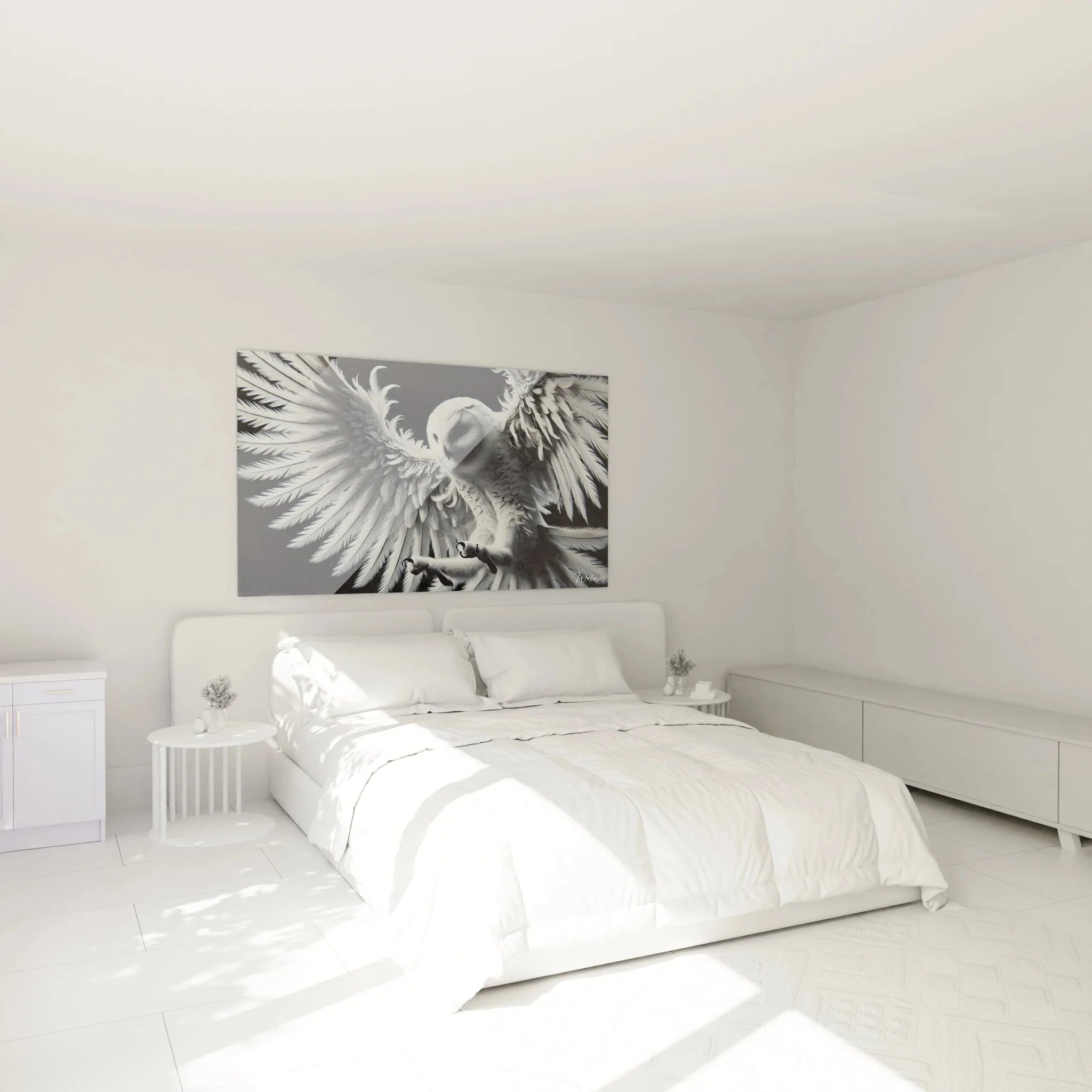 Schleiereule Wandbild in modernem Schlafzimmer, elegante schwarz-weiße Eulen Dekoration als Wandkunst