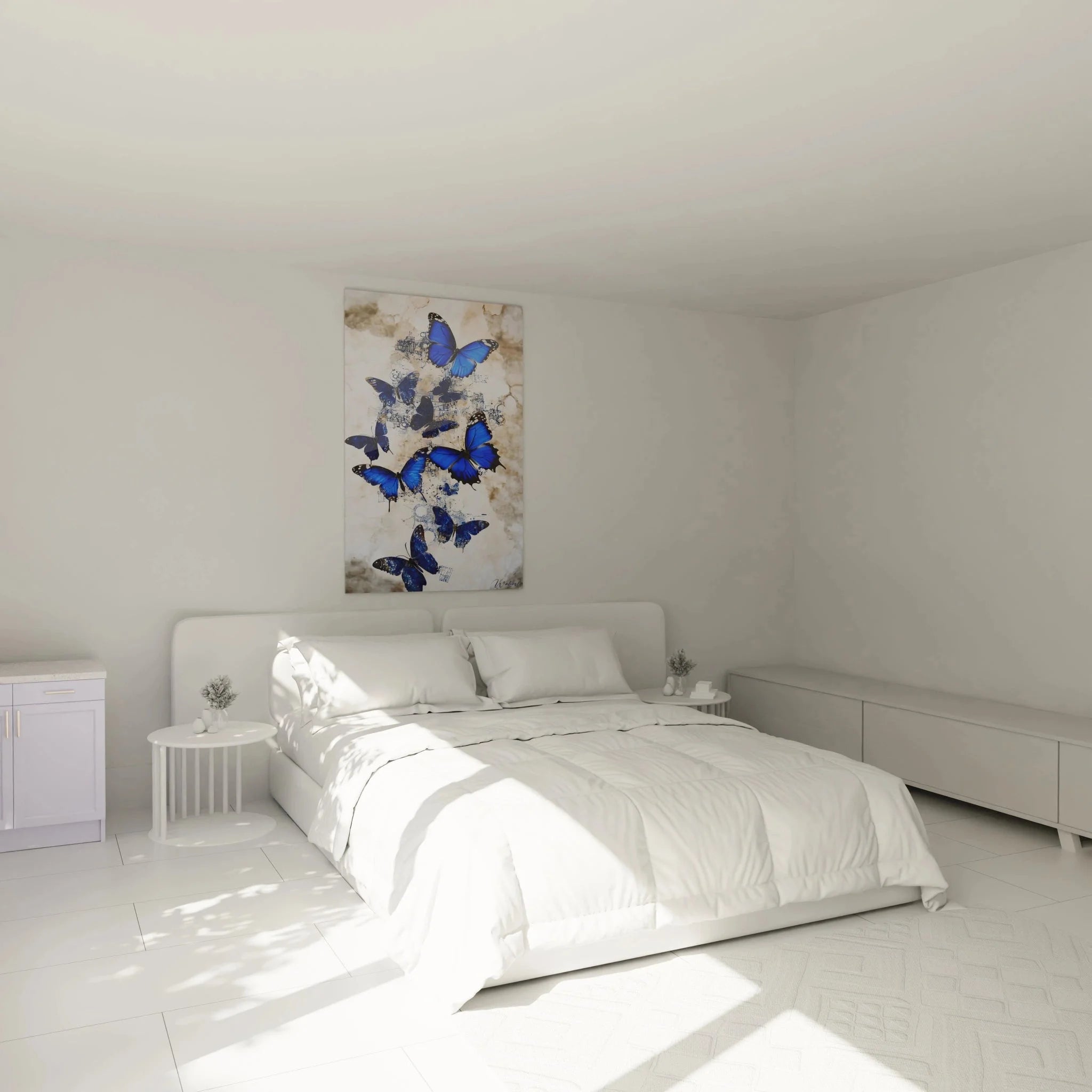 Schmetterling Wandbild blau in modernem Schlafzimmer als stilvolle Wanddekoration über dem Bett