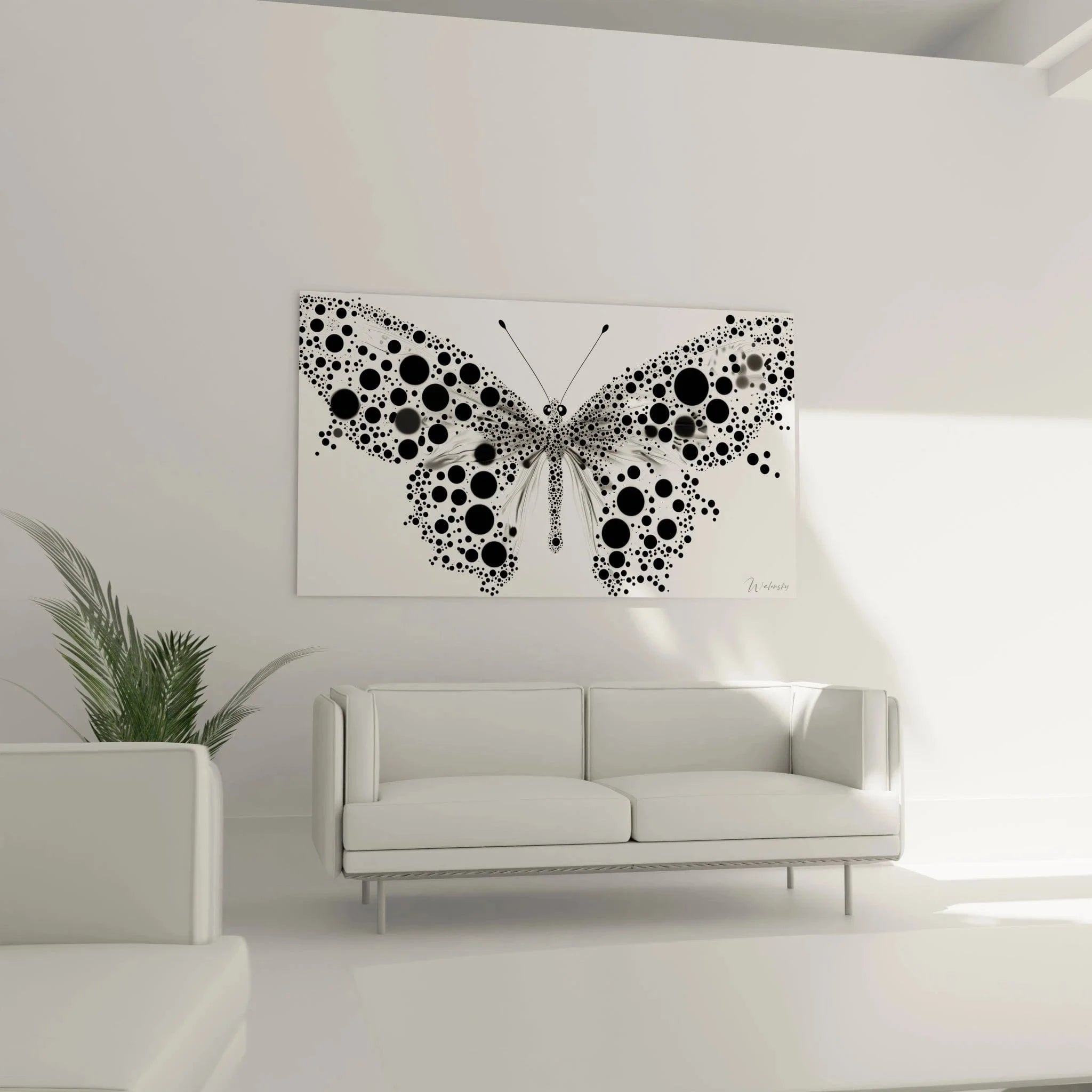 Detailansicht Schmetterling Wandbild abstrakte Kreismuster schwarz-weiße Tierwandkunst