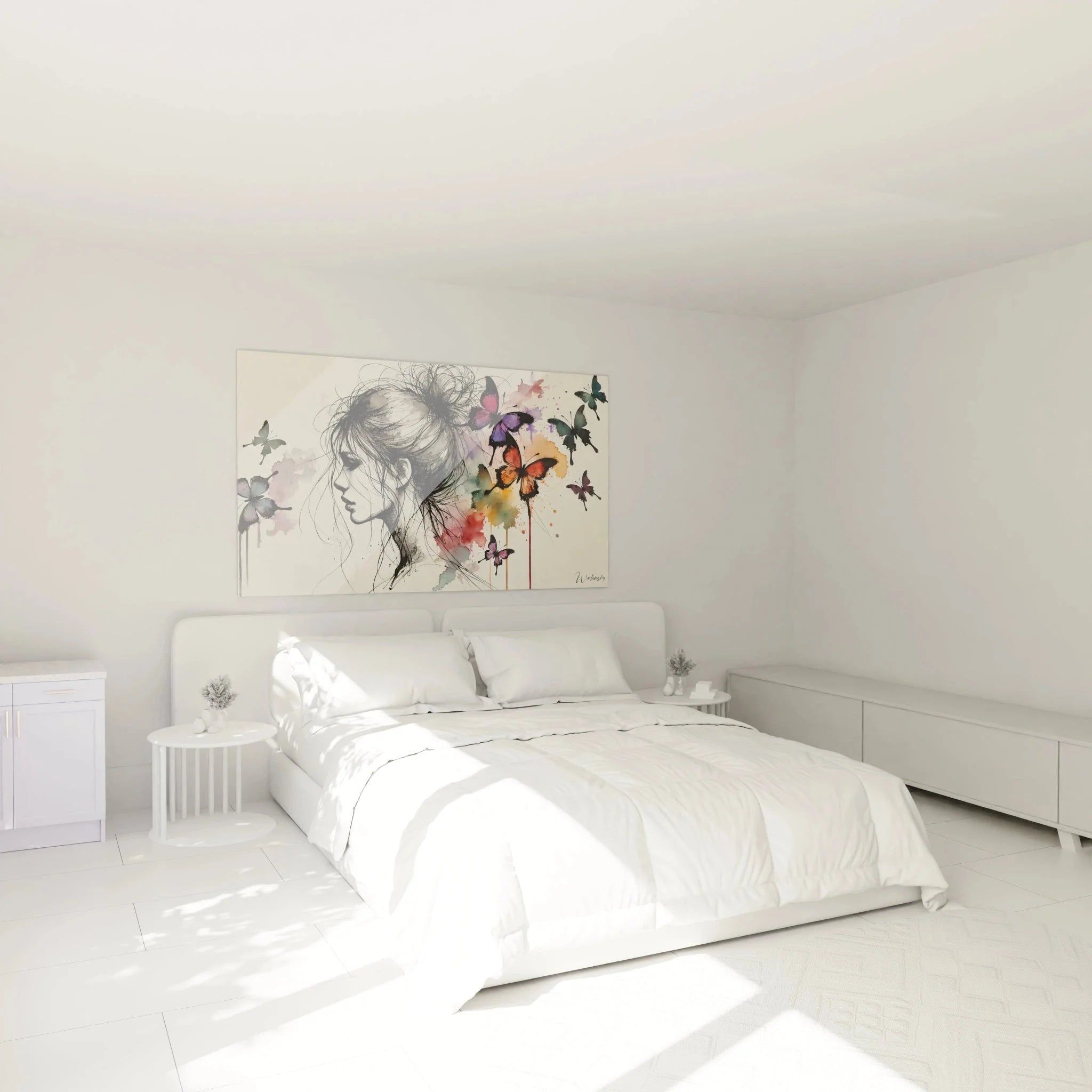 Schmetterling Wandbild im Schlafzimmer, Aquarell Frauenportrait mit Schmetterlingen als Wanddekoration