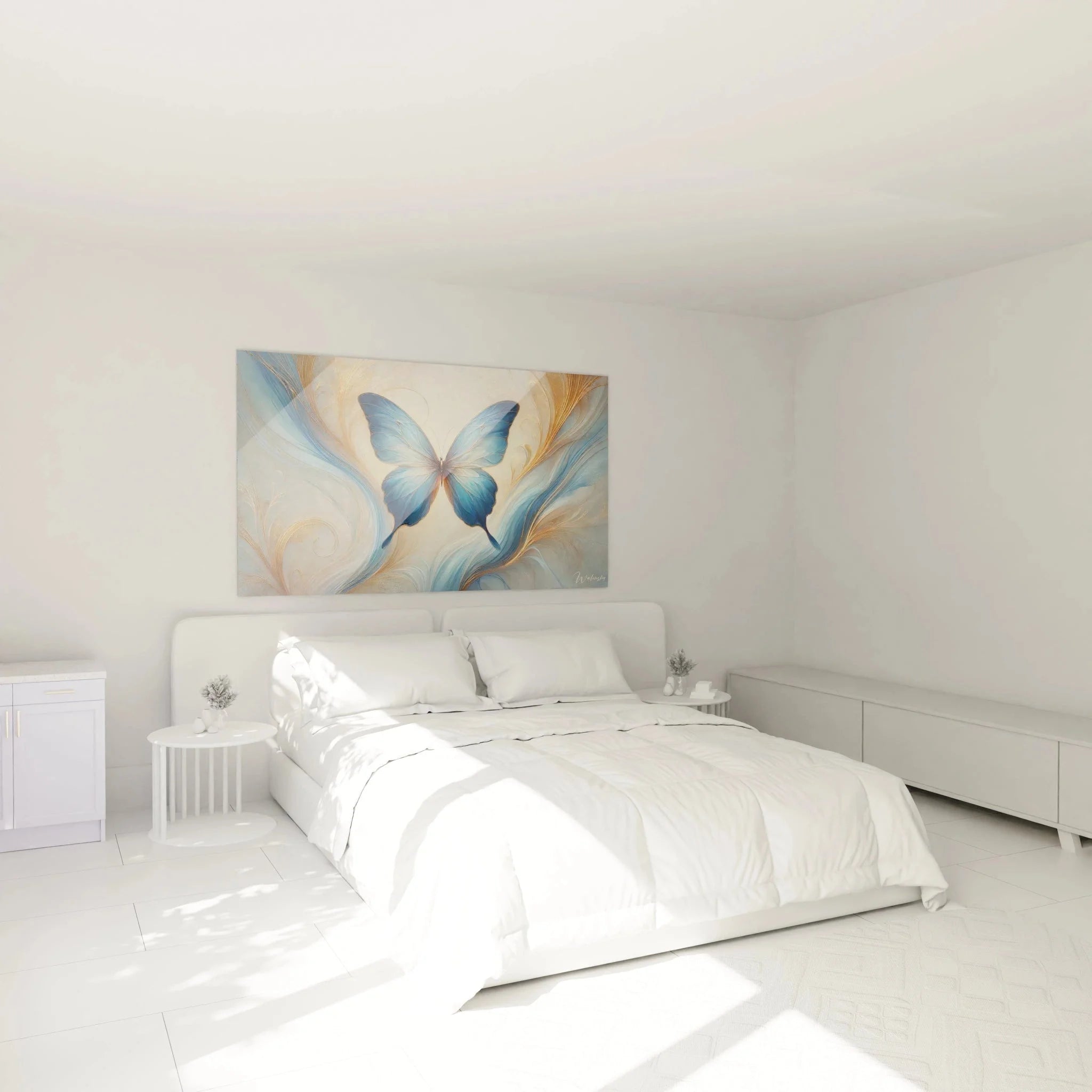 Elegantes Schmetterling Wandbild in Blau und Gold als stilvolle Schlafzimmer Wanddekoration