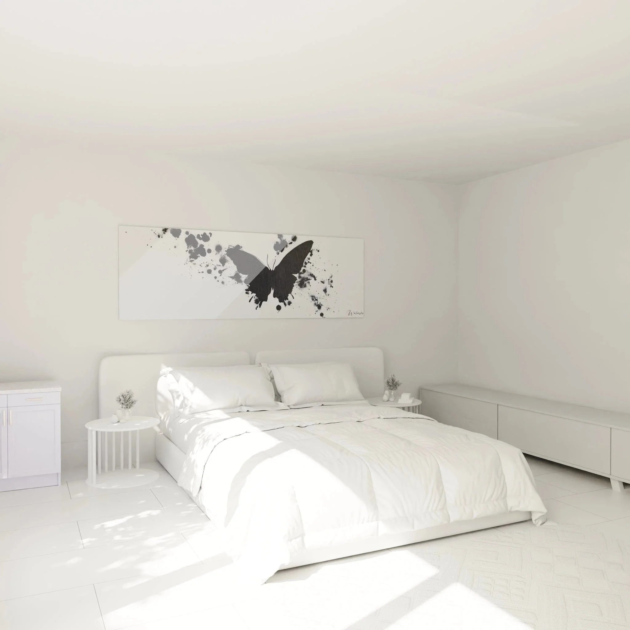 Wandbild Schmetterling schwarz-weiß in modernem Schlafzimmer Wanddekoration XXL