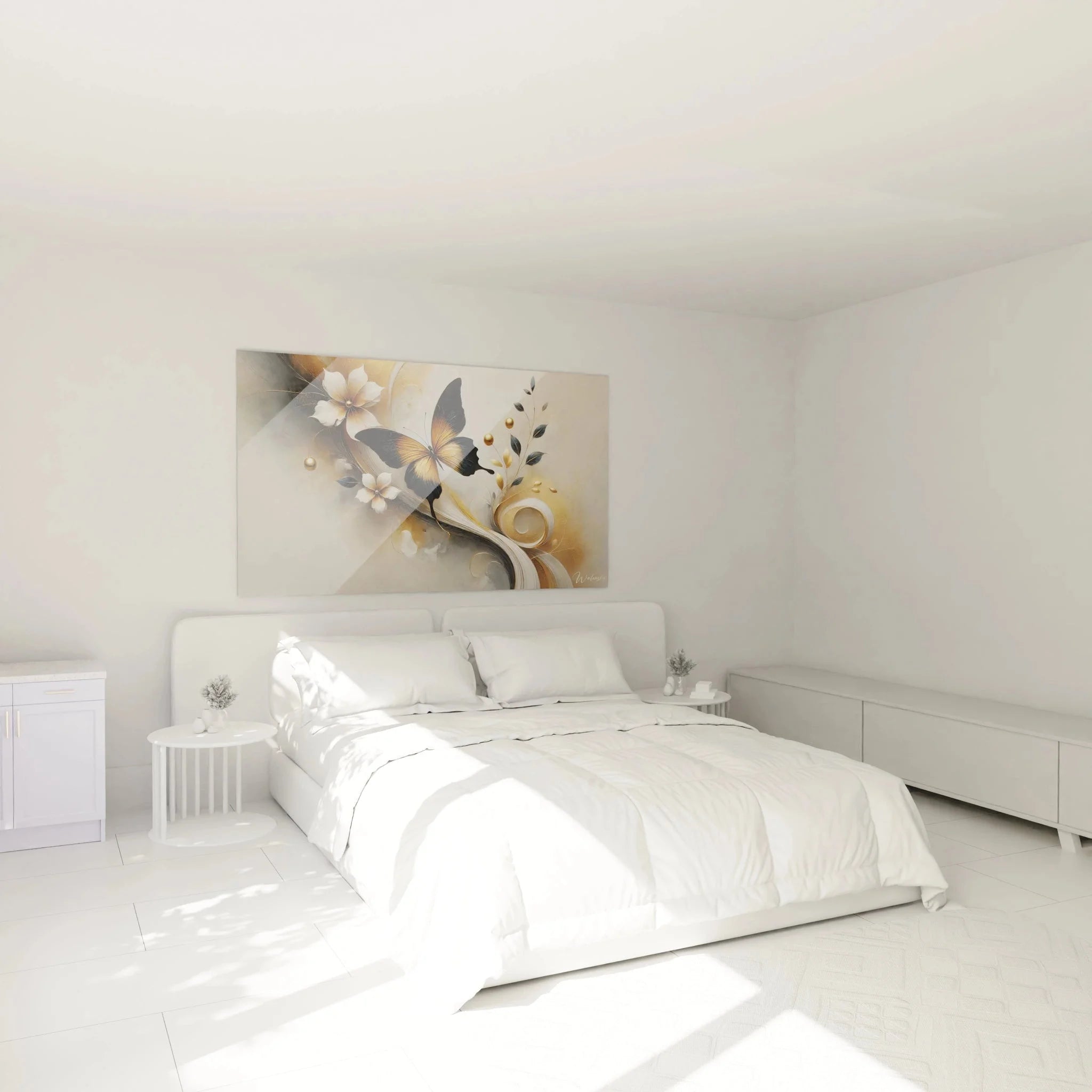 Wandbild Schmetterling abstrakt in modernem Schlafzimmer, goldene Akzente ergänzen stilvolle Einrichtung