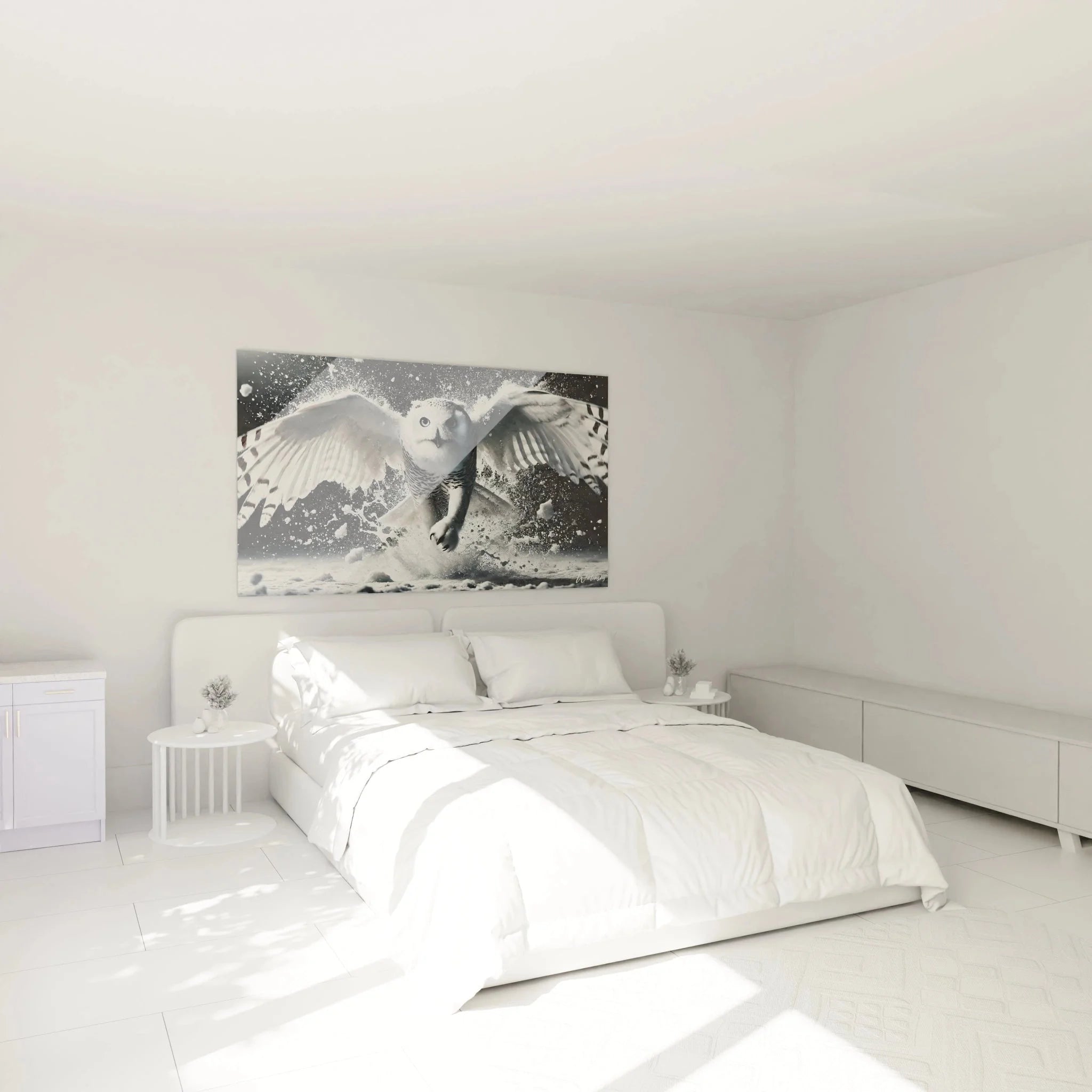 Schneeeule Wandbild XXL in modernem Schlafzimmer schwarz-weiß Dekoration Eulen Motiv