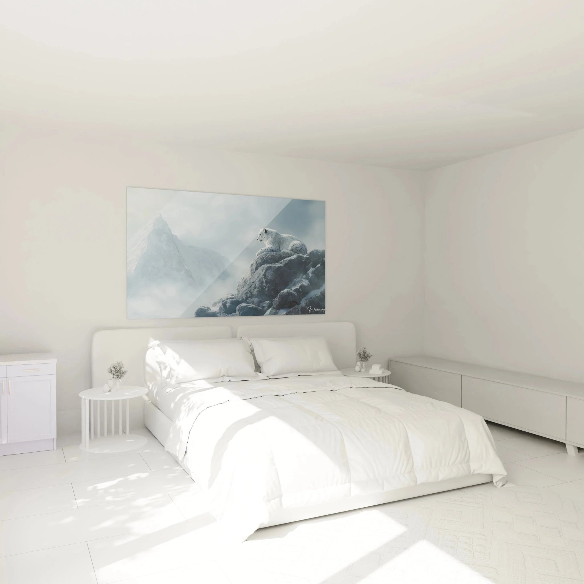 Schneeleopard Wandbild im Schlafzimmer - majestätische Berglandschaft als Wanddekoration XXL