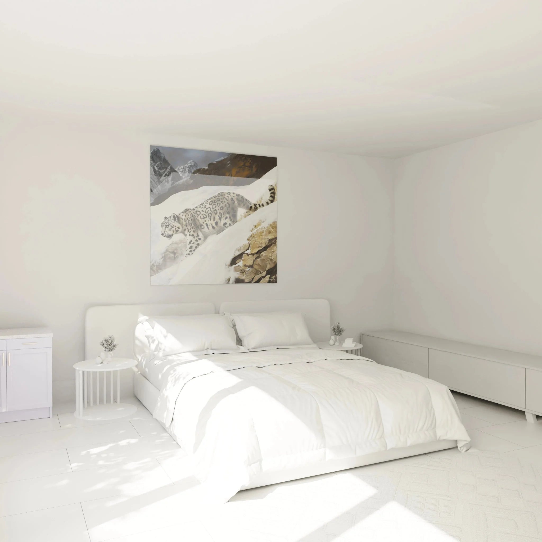 Schneeleopard Wandbild XXL in modernem Schlafzimmer - alpine Bergwildnis Kunstdruck