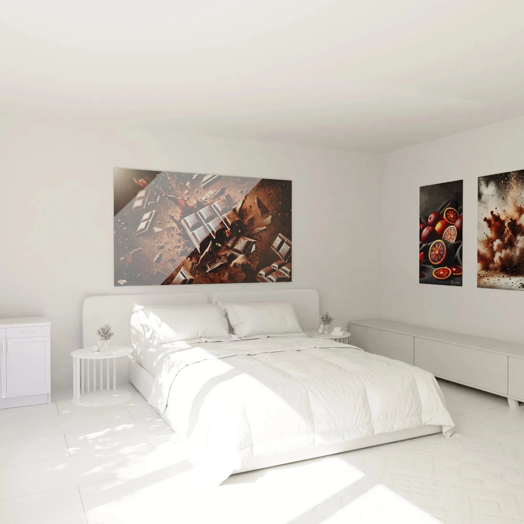 Schokolade Wandbild in modernem Schlafzimmer als stilvolle braune Wanddekoration arrangiert