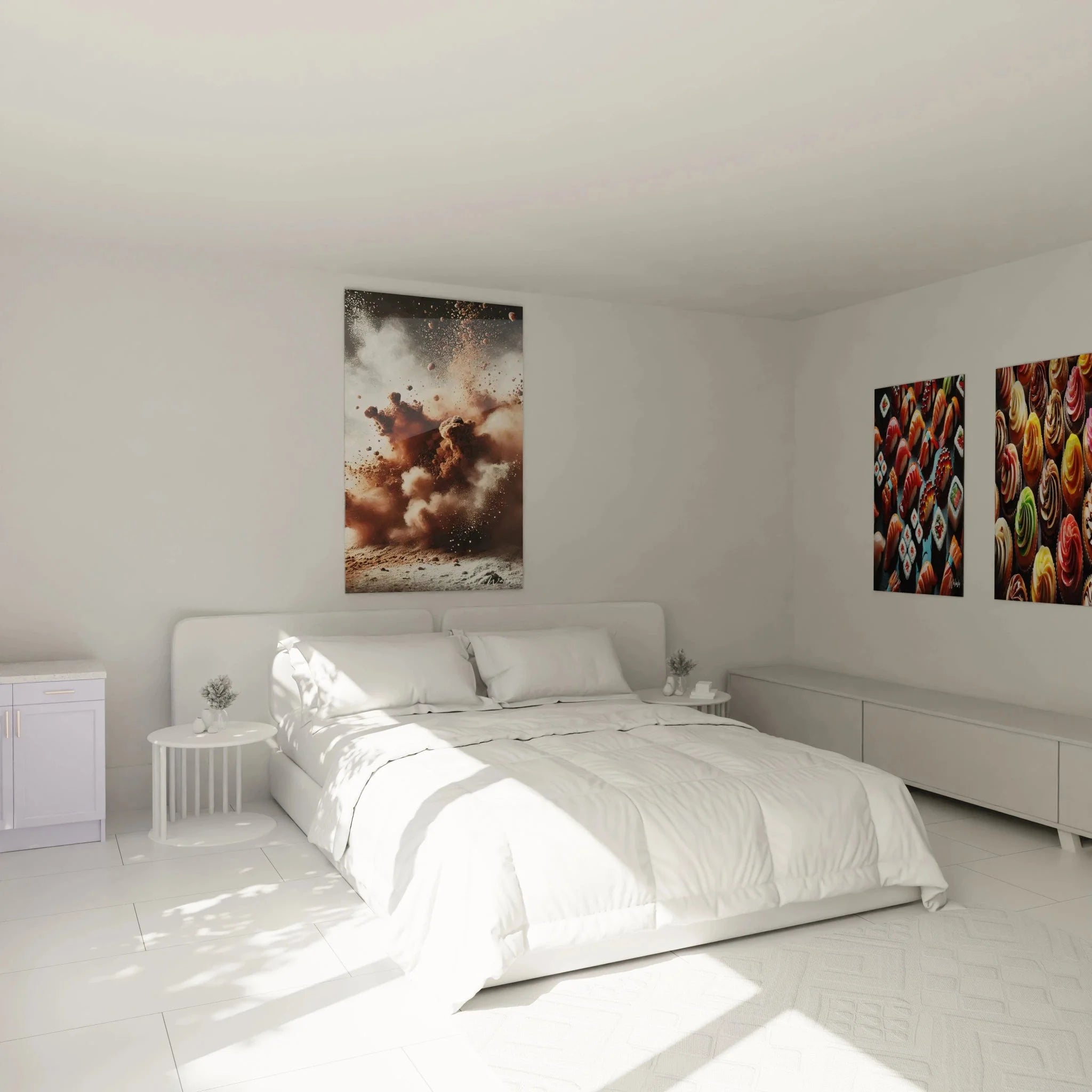 Schokoladenexplosion Wandbild in modernem Schlafzimmer als braune Wanddekoration
