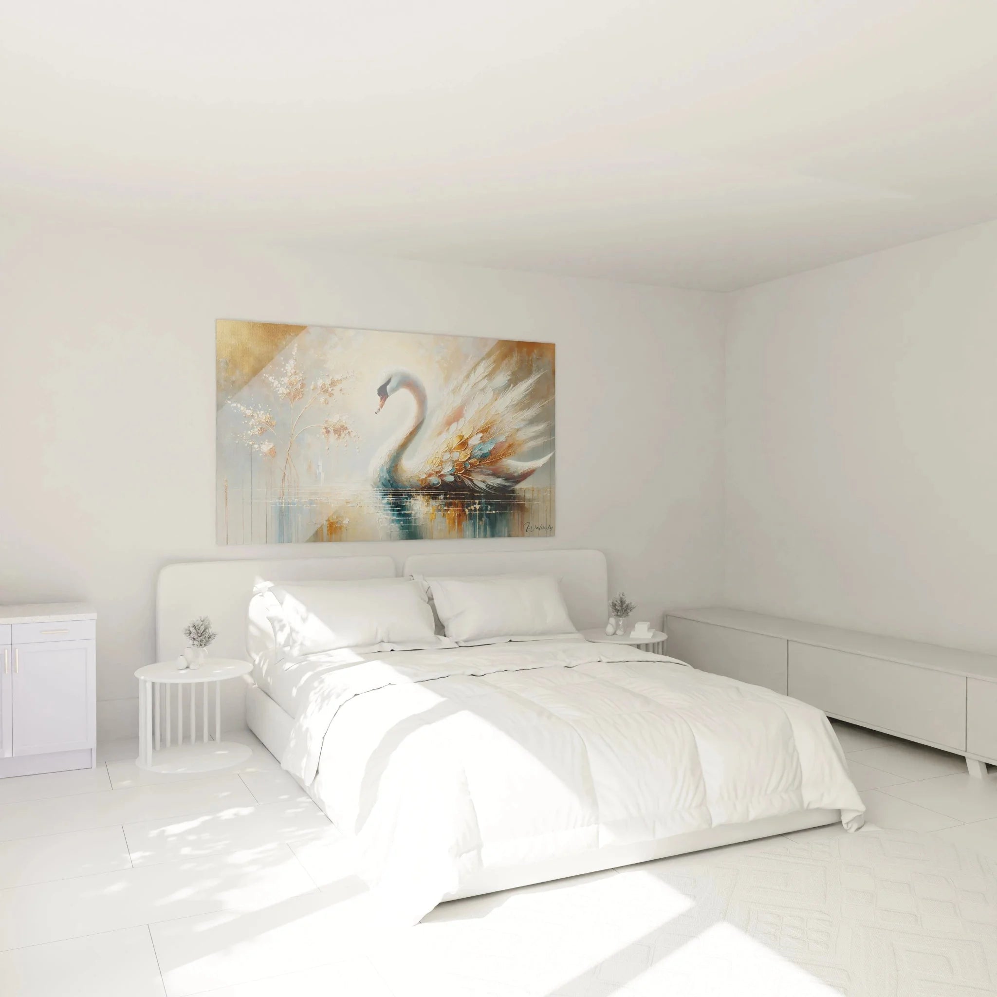 Elegantes Schwan Wandbild als Schlafzimmer Dekoration mit harmonischen Farben und beruhigender Ausstrahlung