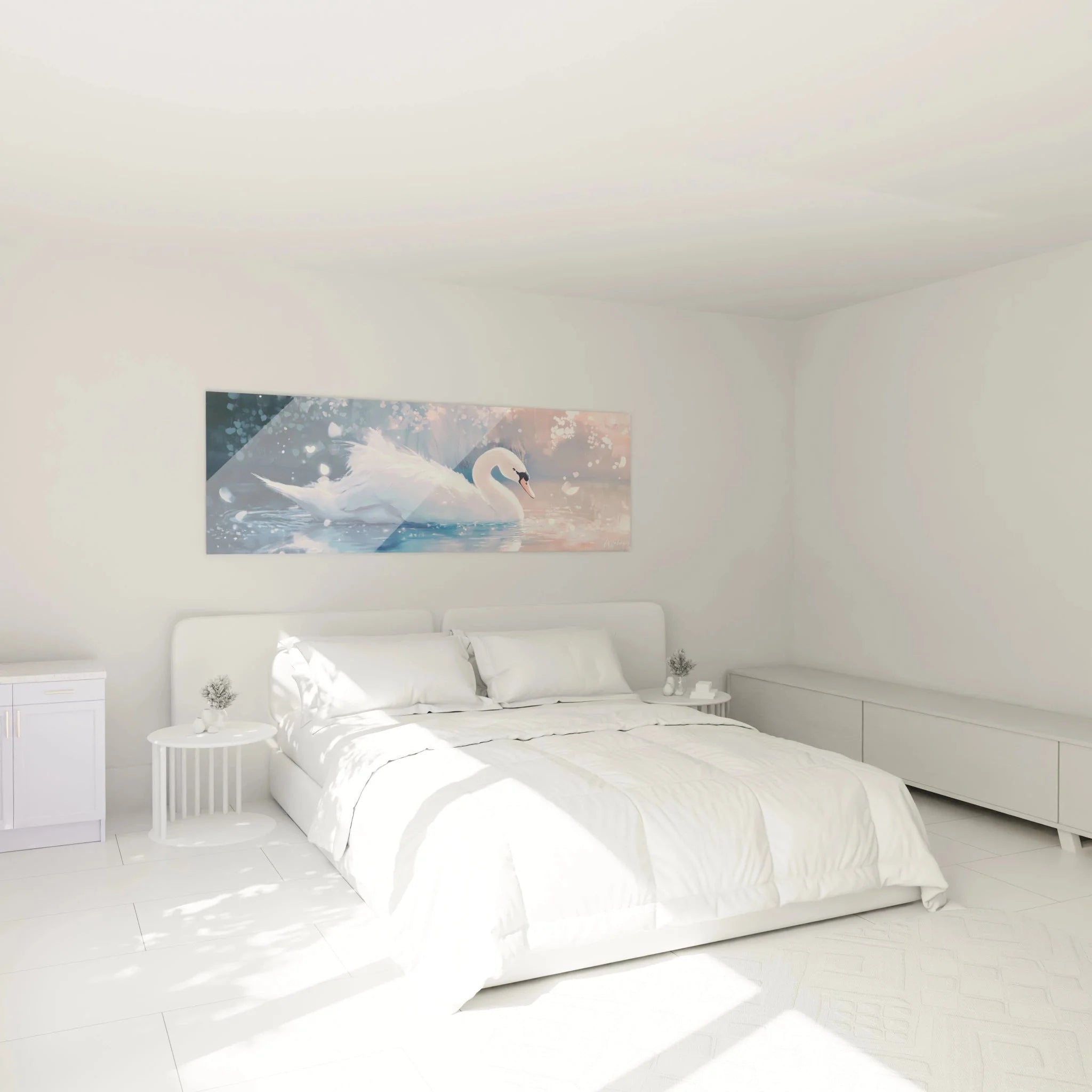Schwan Wandbild als moderne Schlafzimmer Dekoration mit romantischen Lichtreflexionen