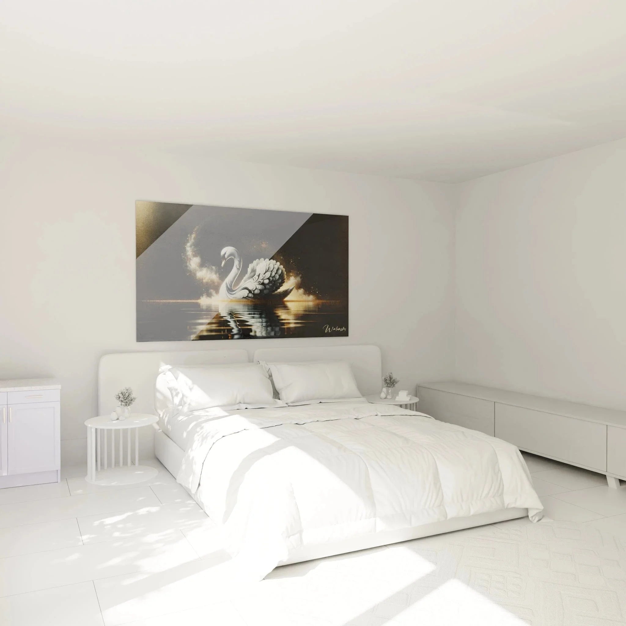 Wandbild XXL Schwan in elegantem Schlafzimmer Ambiente mit warmem Licht und moderner Einrichtung