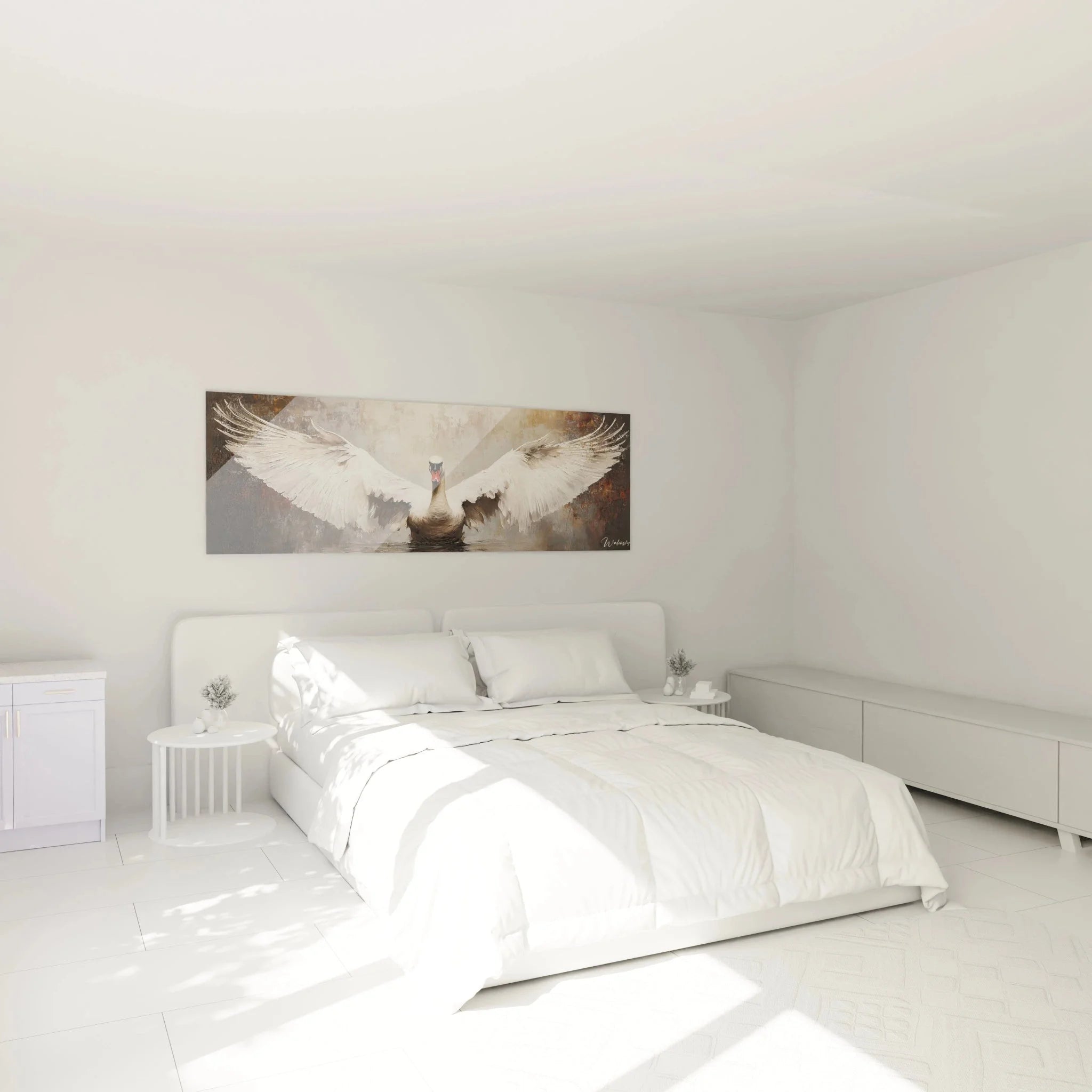 Schwan Wandbild XXL in eleganter Schlafzimmer Atmosphäre - moderne Wanddekoration mit Naturmotiv